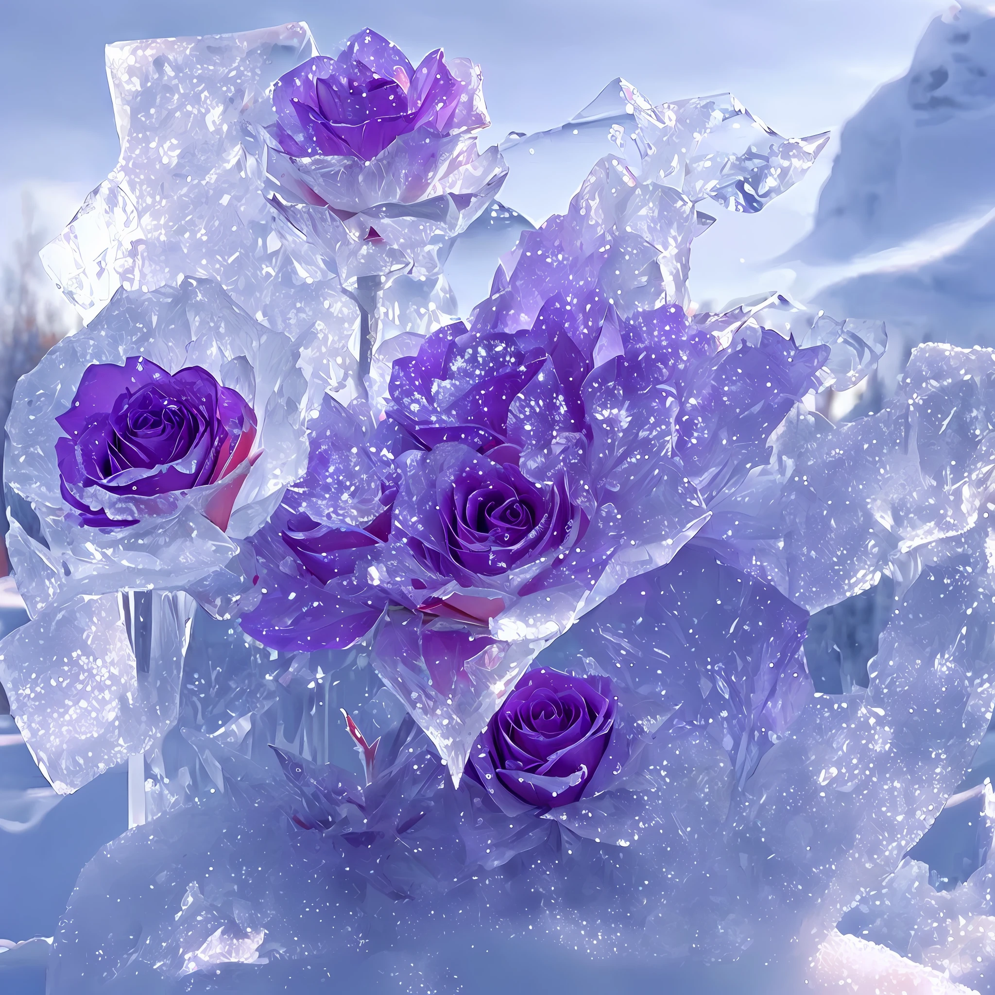 There is 1 purple rose in a piece of ice on the snow,crystal-clear,beautiful flowers and crystals, translucent roses ornate, with frozen flowers around her, ice - carving, icy, Crystal sunflower, Cold but beautiful, everything is made out of ice, Made of ice, Beautiful nature, marc adamus, ice - carving, Frozen statue, Snow and ice