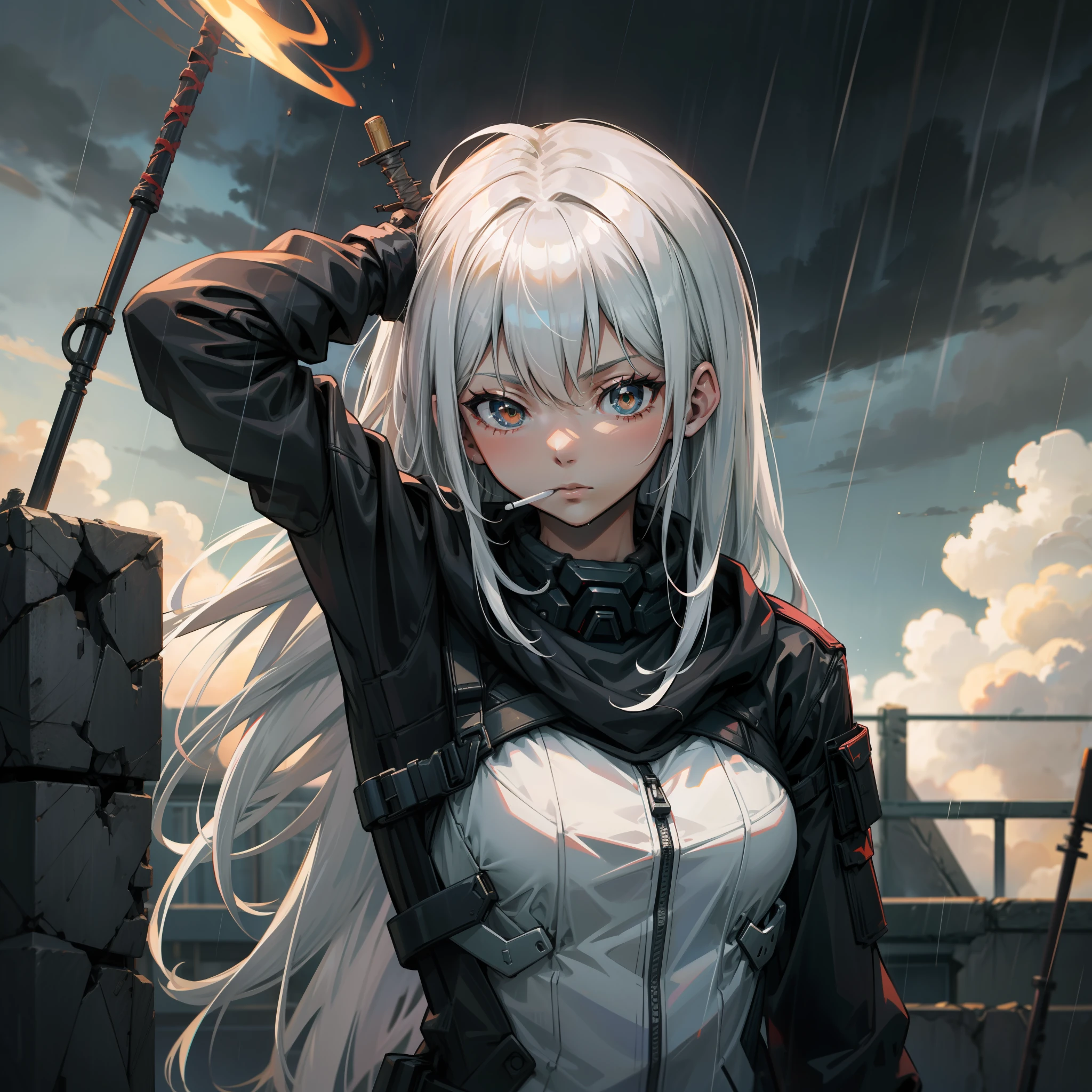 White-haired girl in tactical gear,a beauty girl,White hair,In the blockade zone,Doomsday style,Rainy sky,barbed wire,Cigarette sticks,The girl raised her stick and smoked,Redemption,4K,Masterpiece,high high quality,The girl held the stick high above her head,