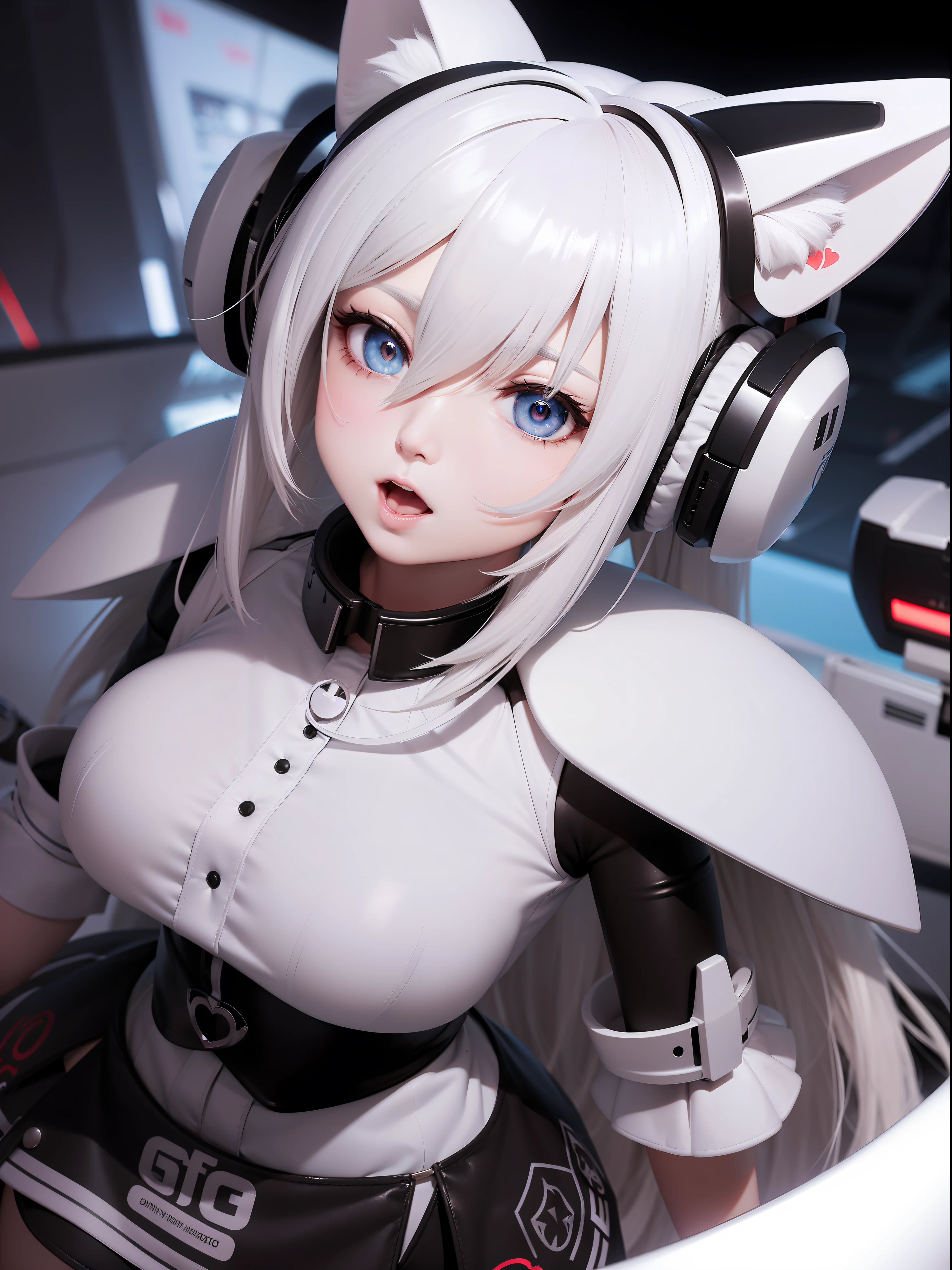 White hair, ahoge, Cat ear headphones, Heart-shaped pupils, mouth hold, futurism, Cinematic lighting, in a panoramic view, High details, A high resolution, Best quality, Masterpiece