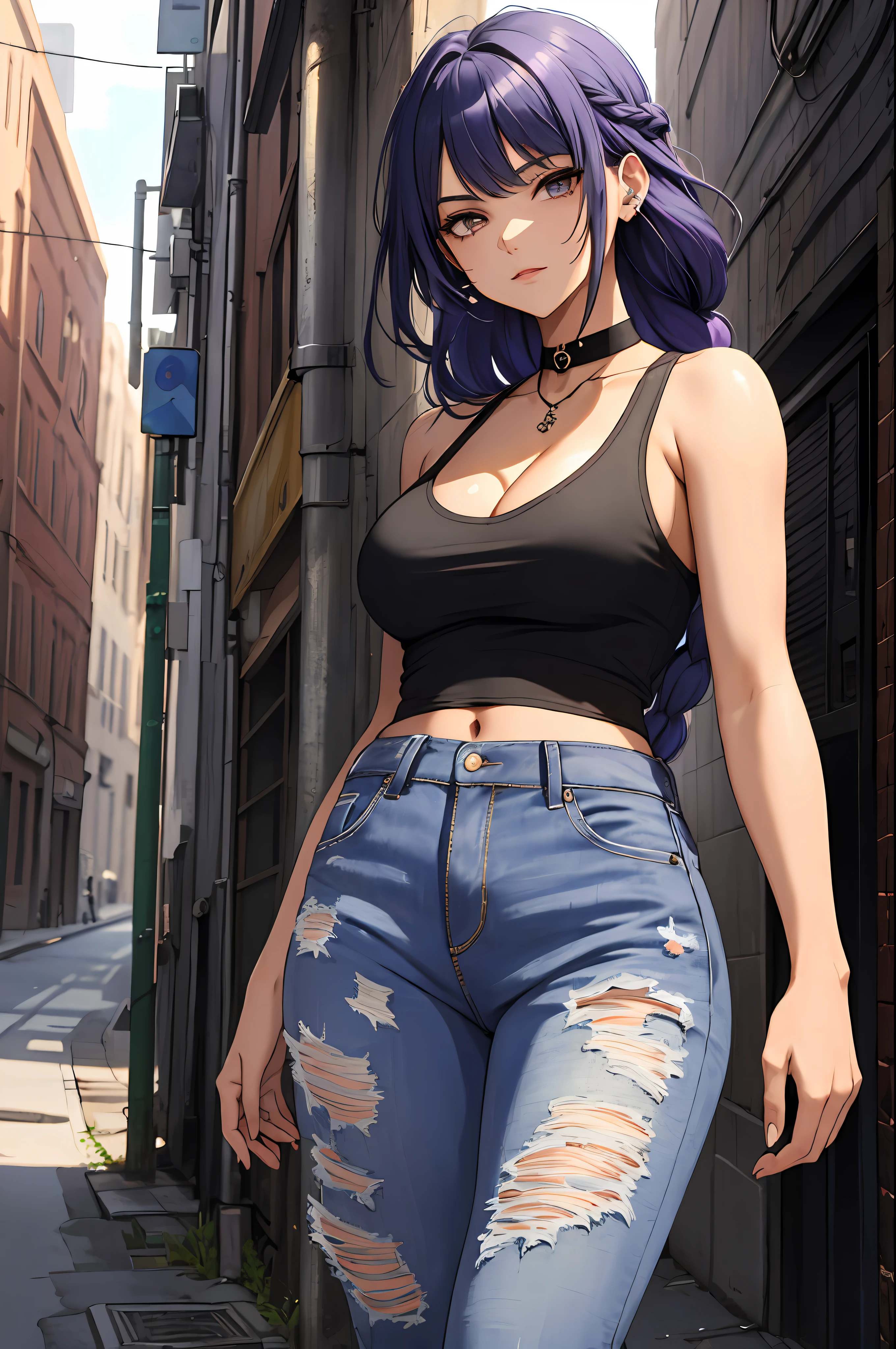 (((Best quality, masterpiece))), highly detailed, intricate, beautiful cool edgy ((1girl)), solo, cleavage , wearing a sleeveless cropped top, lavender long braided hair, choker, baggy jeans, dystopian city alleyway