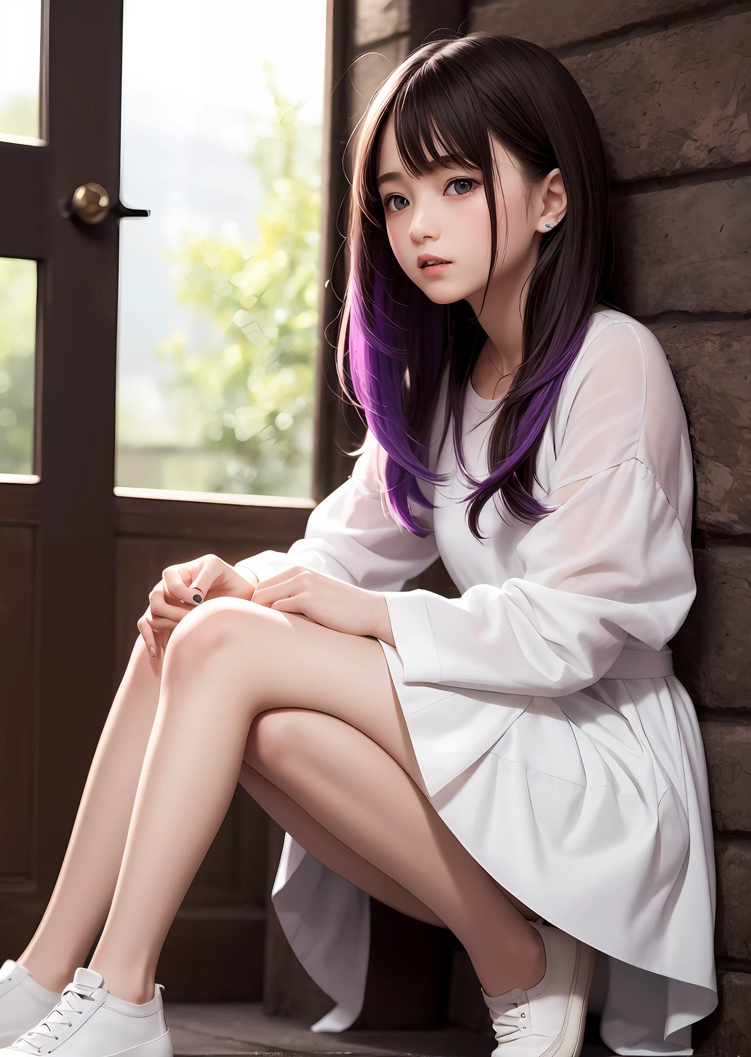 whaite hair，s girl，adolable，quadratic element，white skinned，White dress，shy，Be red in the face，Purple pupils，Beth，jade foot