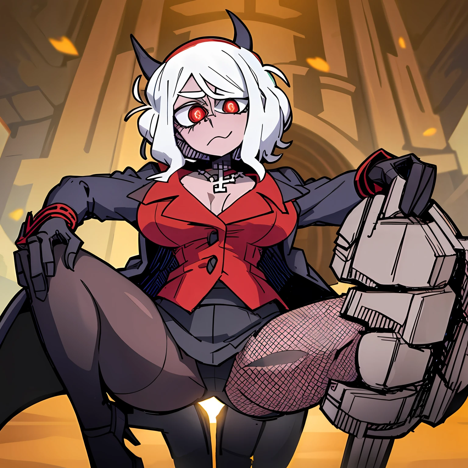 masterpiece, best quality, zdrada \(helltaker\), horns, white hair, demon girl, 1girl, full body, secretary outfit, black skirt, pantyhose, white shirt, heels, demon horns, breasts, red eyes, short hair, black horns, hair over one eye, piercing, jewelry, tail, demon tail, cross, choker, lip piercing, necklace, large breasts, cross necklace