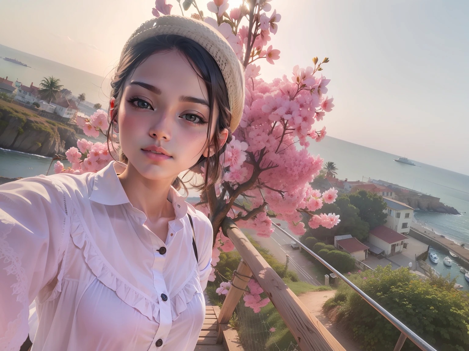 The background is replaced with a sea view --auto