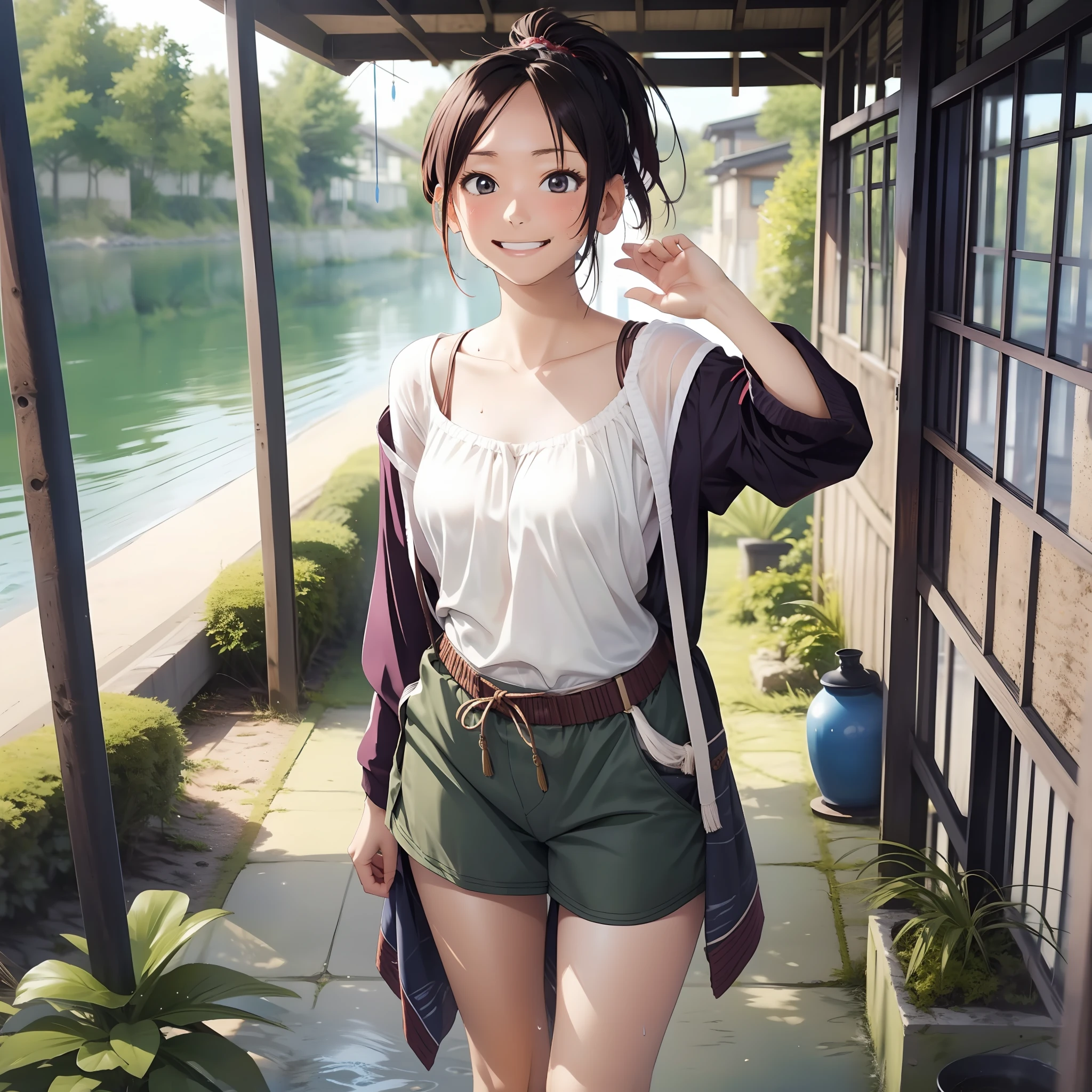 ((masutepiece)),(Best Quality),[Summer scenery in Japan],[Wind chimes],[beach house],(Ponytail),[Summer color inner color],(Smiling),(Sweaty),[splashes splash],(Standing Pose)、(Model Standing),[Revealing clothing]