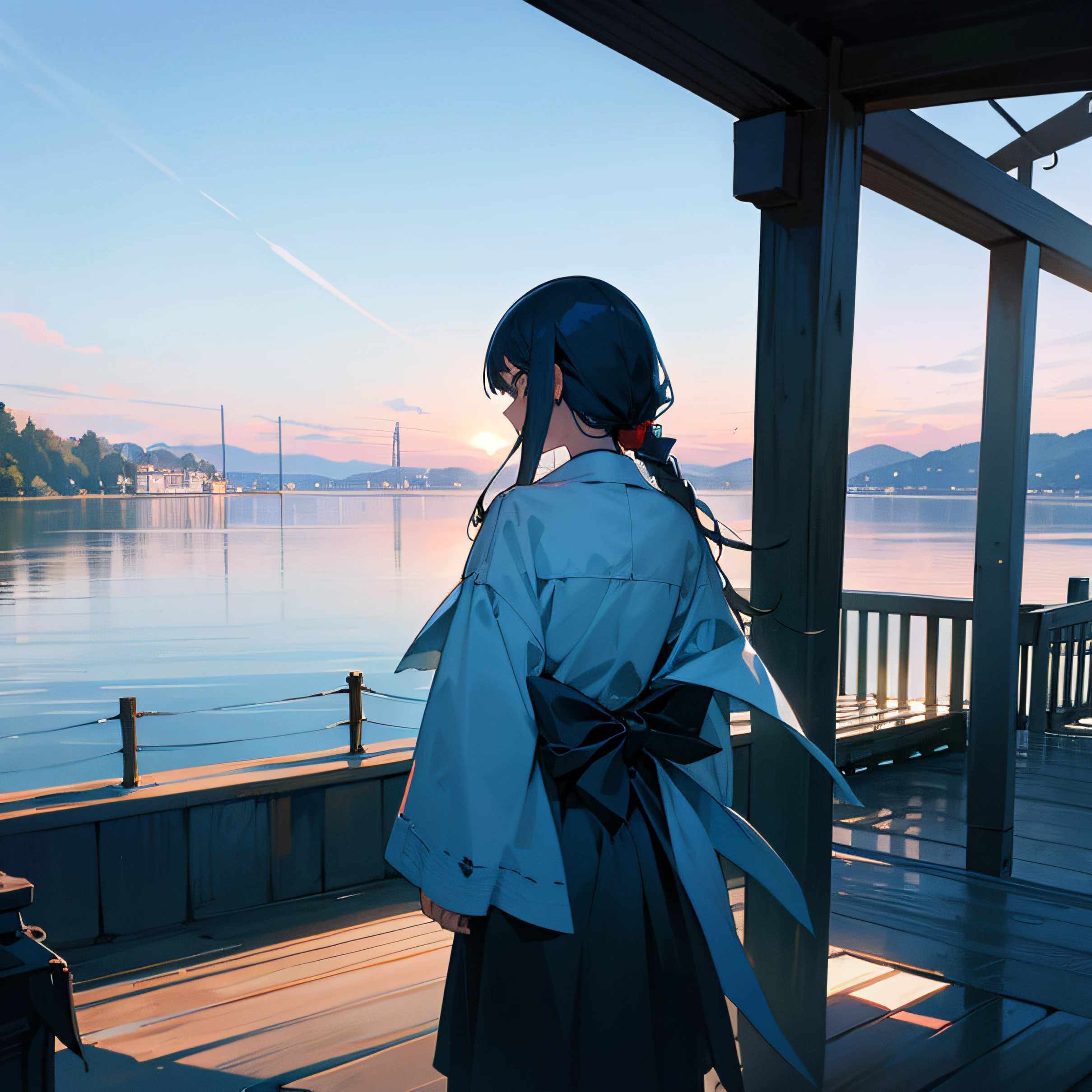 Stunning waterfront views,There is a person's back,With feelings of sadness,The composition needs to be perfect --auto