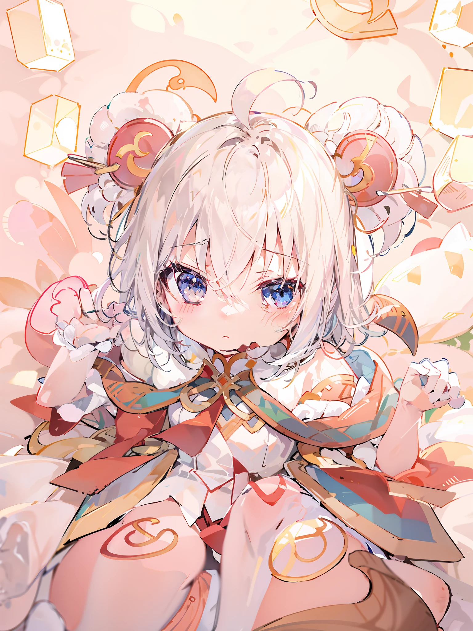 Anime - Style drawing of a girl with a red knot on her ears, small curvaceous loli, Soft anime illustration, Splash art anime Loli, Loli, Gray hair,  lovely art style, offcial art, small loli girl, Anime moe art style, Ribbons, zerochan art, and the sun was shining brightly，Light and shadow in detail，Round and hairy ears，One small foot wears white socks，Shy eyes，There is a fluffy squirrel tail