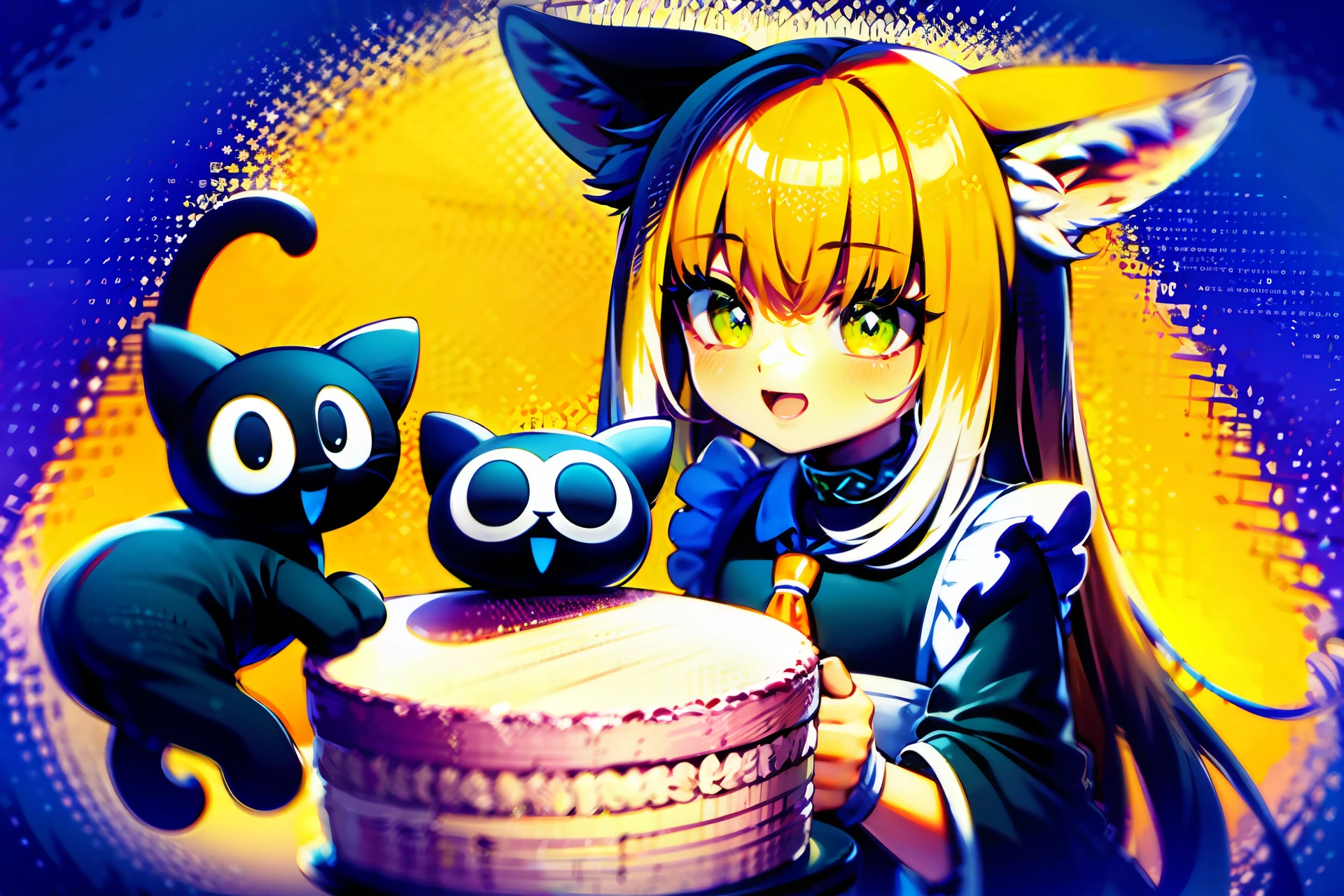 cat ears children cat tail collar cute style maid outfit with cake yellow background yellow hair