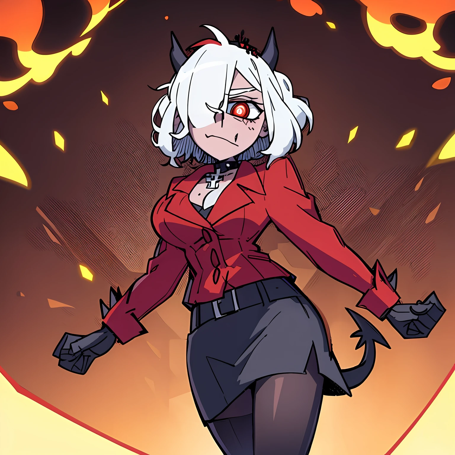 masterpiece, best quality, zdrada \(helltaker\), horns, white hair, demon girl, 1girl, full body, secretary outfit, black skirt, pantyhose, white shirt, heels, demon horns, breasts, red eyes, short hair, black horns, hair over one eye, piercing, jewelry, tail, demon tail, cross, choker, lip piercing, necklace, large breasts, cross necklace