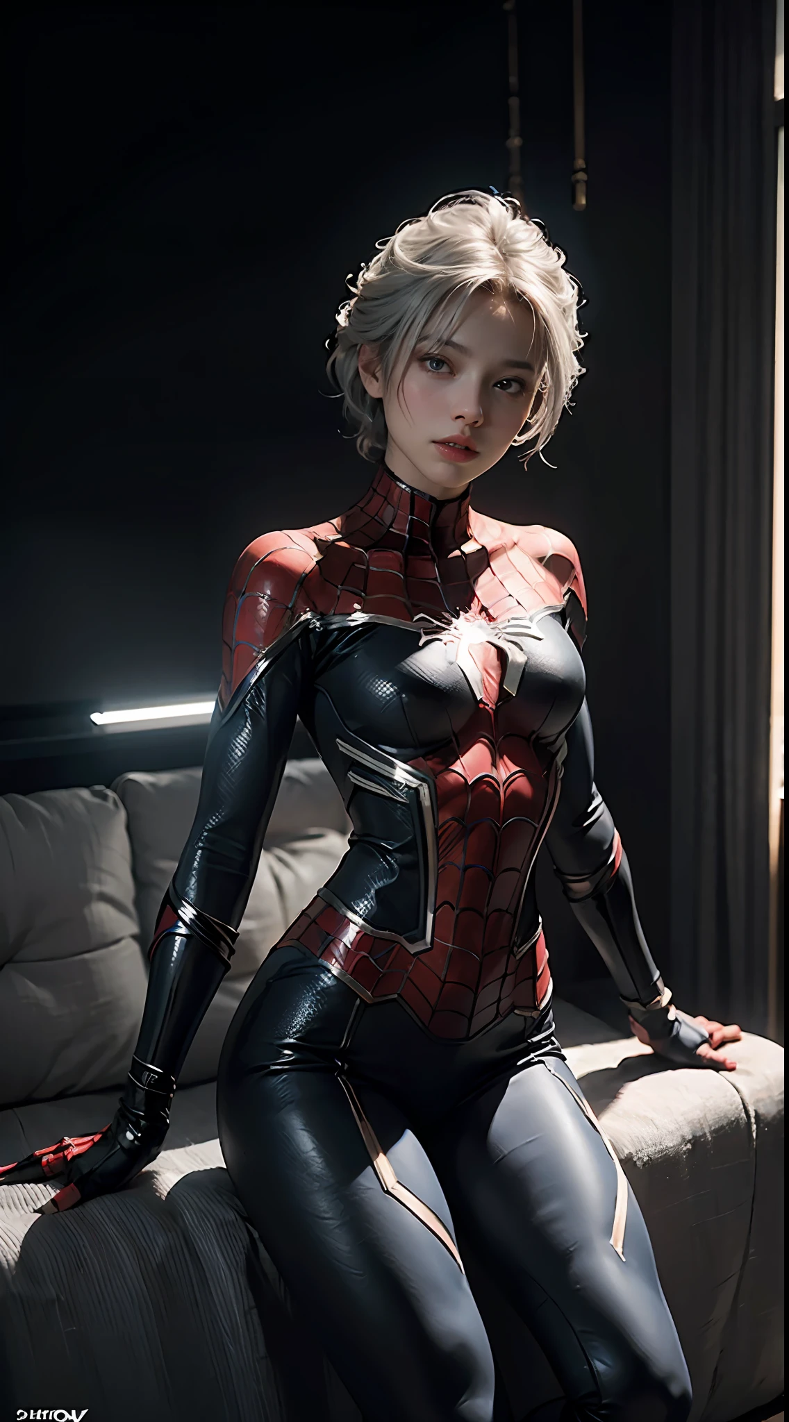 (Extreme Detail CG Unity 8K wallpaper, masterpiece, highest quality), (Exquisite lighting and shadow, highly dramatic picture, Cinematic lens effect), a girl in a white Spider-Man costume, silver gray hair color, from the Spider-Man parallel universe, Wenger, Marvel, Spider-Man, sitting on the couch, dynamic pose), (excellent detail, excellent lighting, wide angle), (excellent rendering, enough to stand out in its class), focus on white Spider-Man costumes, complex spider textures