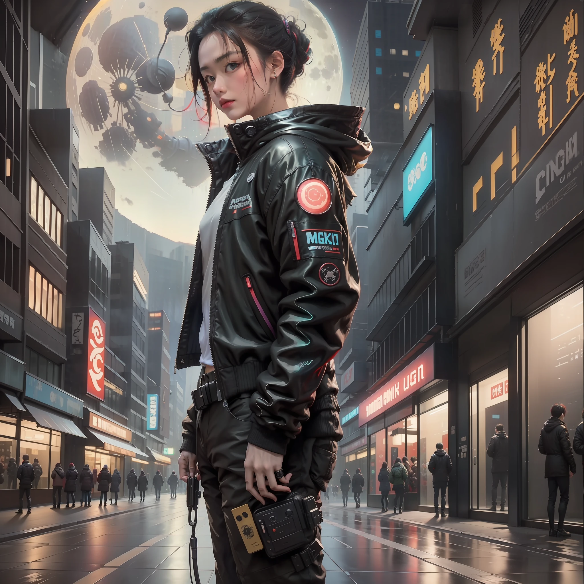 cyber punk perssonage,Glowing moon,dream magical,Urban nightclubs,Van Gogh,hiyao miyazaki
