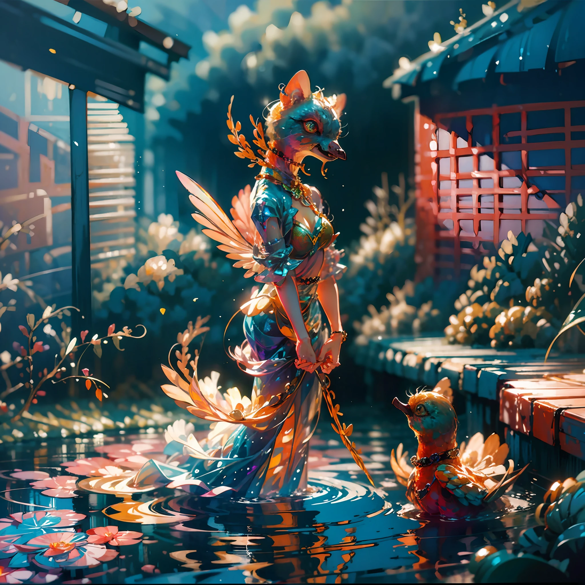 Cartoon girl with dog and duck in the pond, lovely art style, hand painted cartoon art style, 2 d illustration, 2D illustration, cute artwork, cute illustration, by Yang J, 2d matte illustration, author:Qu Leilei, in a pond, By Li Song, material is!!! water melon!!!, arte de fundo, author:Xia Gui, A beautiful artwork illustration