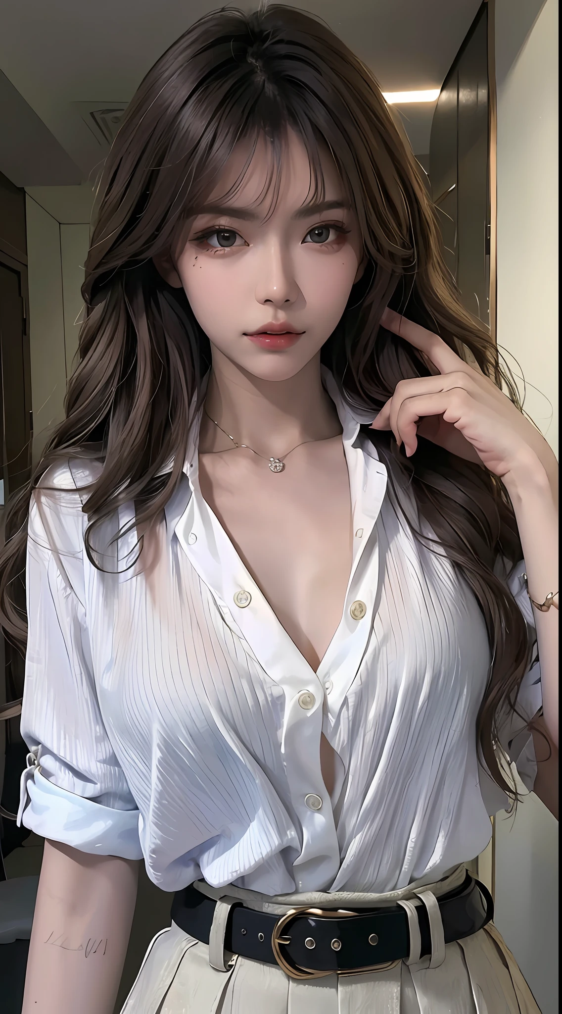 (Best quality, High resolution, Masterpiece :1.3), A tall and pretty woman, Slender abs, Dark brown hair styled in loose waves, Breasts, Wearing pendant, White button up shirt, Belt, Black skirt, (Modern architecture in background), Details exquisitely rendered in the face and skin texture, Detailed eyes, Double eyelid