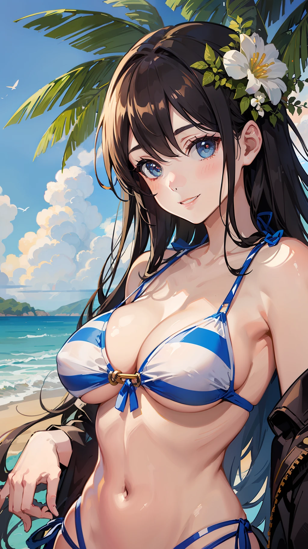 one woman,striped bikini,posing,boobs,large breasts,short of a person,gleaming skin,cute face,drooping eyes,thin eyebrows,big eyes,smiling,flushed cheeks,long hair,straight hair,outdoor,sky,sea,daytime,beach,illustration style,masterpiece, extremely fine and beautiful,illustration