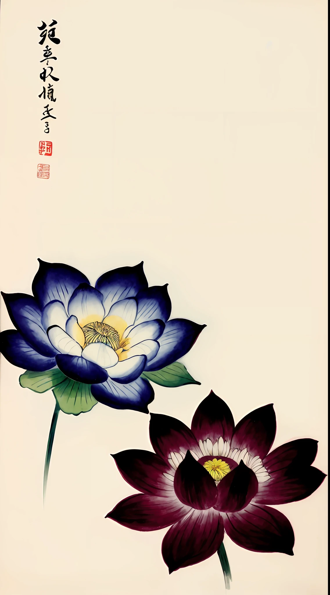 tmasterpiece，Best quality at best，Tradition Chinese Ink Painting，Shuke walking horse、negative space、Ink blue、A large lotus flower、A lotus flower is beautifully painted，There are colors，Kokuga Ink Painting、inspired by Yun-Fei Ji, Inspired by Qi Baishi,