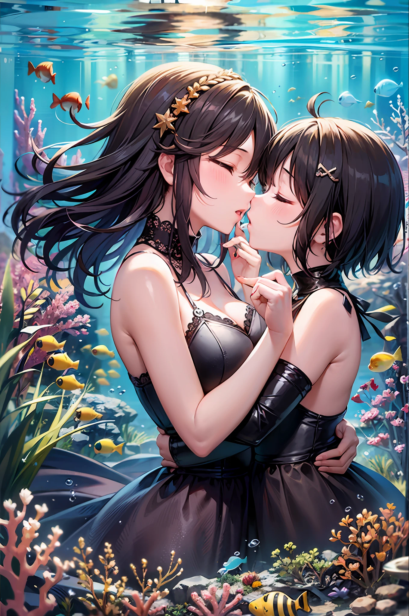 top-quality、超A high resolution、16yo girl2a person、lesbian、embracing each other、Short hair、Dark hair、hair adornments、Kiss to close your eyes、Infant body type、Sleeveless dress、aquariums、Scrinny、Under the sea