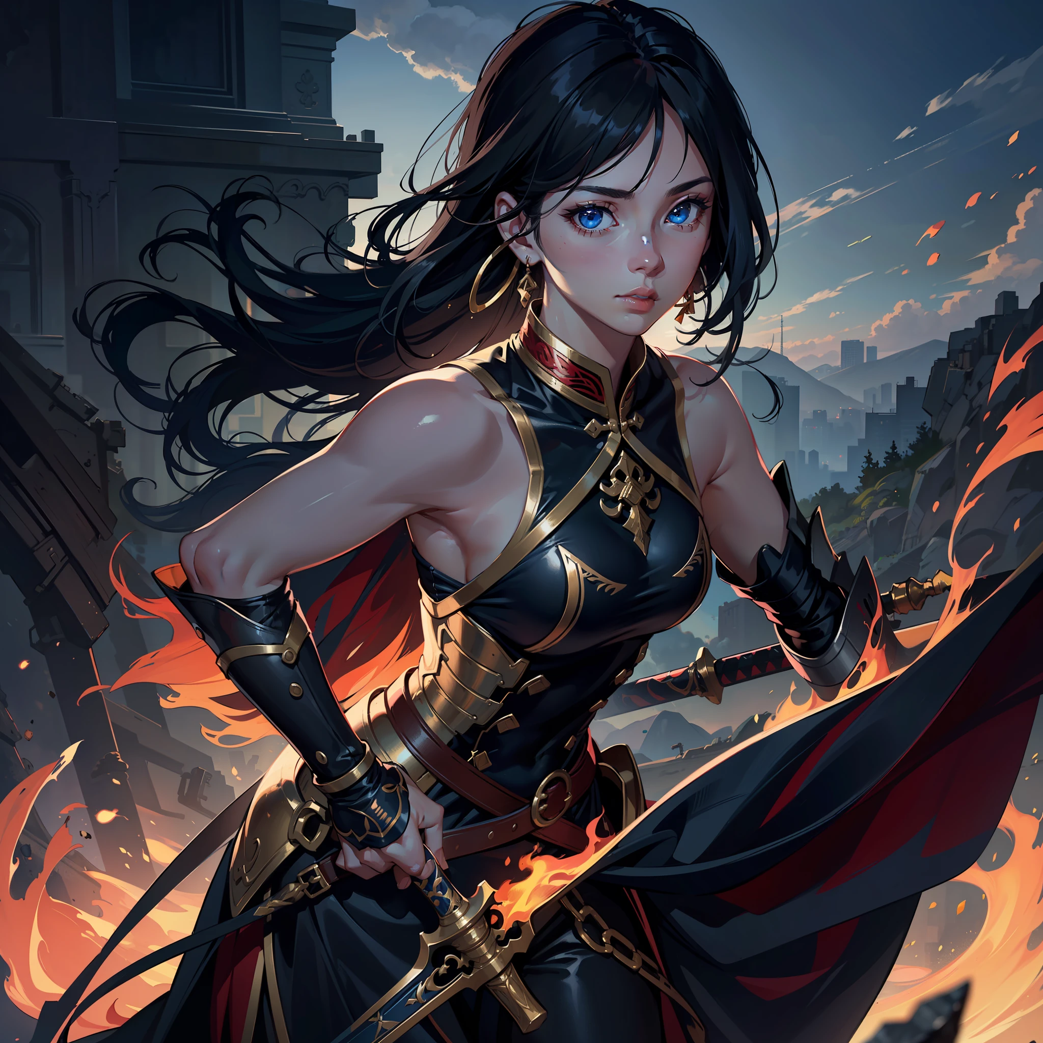 weapon,sword,1girl,armor,long hair,holding,fire,blue eyes,holding weapon,black hair,jewelry,standing,facial hair,holding sword,sky,earrings,cloud,solo focus,looking at viewer,outdoors,chinese clothes,
high res,an extremely delicate and beautiful,huge_filesize,(realistic, photo-realistic:1.57),(8k, RAW photo, best quality, masterpiece:1.2),(ultra-detailed:1.4),detailed beautiful skin,detailed skin texture,glistening skin,Cinematic lenses,detailed light,cinematic lighting,