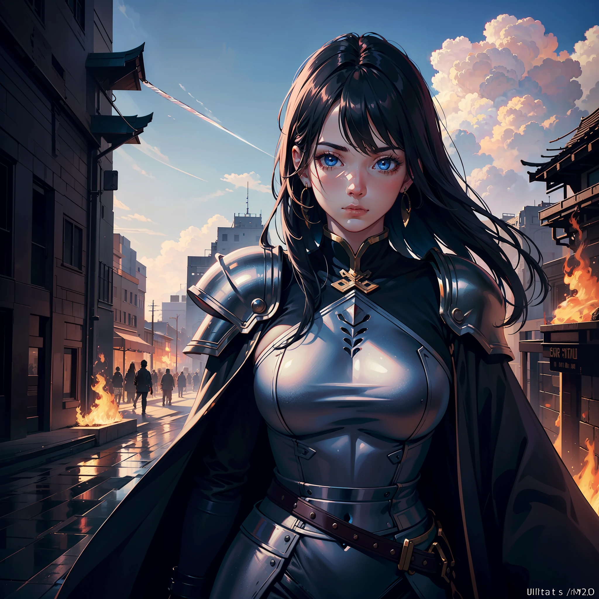 weapon,sword,1girl,armor,long hair,holding,fire,blue eyes,holding weapon,black hair,jewelry,standing,facial hair,holding sword,sky,earrings,cloud,solo focus,looking at viewer,outdoors,chinese clothes,
high res,an extremely delicate and beautiful,huge_filesize,(realistic, photo-realistic:1.57),(8k, RAW photo, best quality, masterpiece:1.2),(ultra-detailed:1.4),detailed beautiful skin,detailed skin texture,glistening skin,Cinematic lenses,detailed light,cinematic lighting,