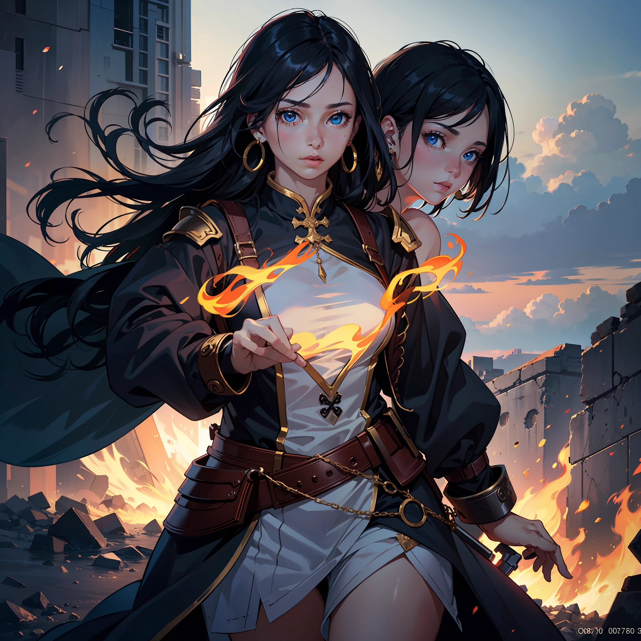 weapon,sword,1girl,armor,long hair,holding,fire,blue eyes,holding weapon,black hair,jewelry,standing,facial hair,holding sword,sky,earrings,cloud,solo focus,looking at viewer,outdoors,chinese clothes,
high res,an extremely delicate and beautiful,huge_filesize,(realistic, photo-realistic:1.57),(8k, RAW photo, best quality, masterpiece:1.2),(ultra-detailed:1.4),detailed beautiful skin,detailed skin texture,glistening skin,Cinematic lenses,detailed light,cinematic lighting,