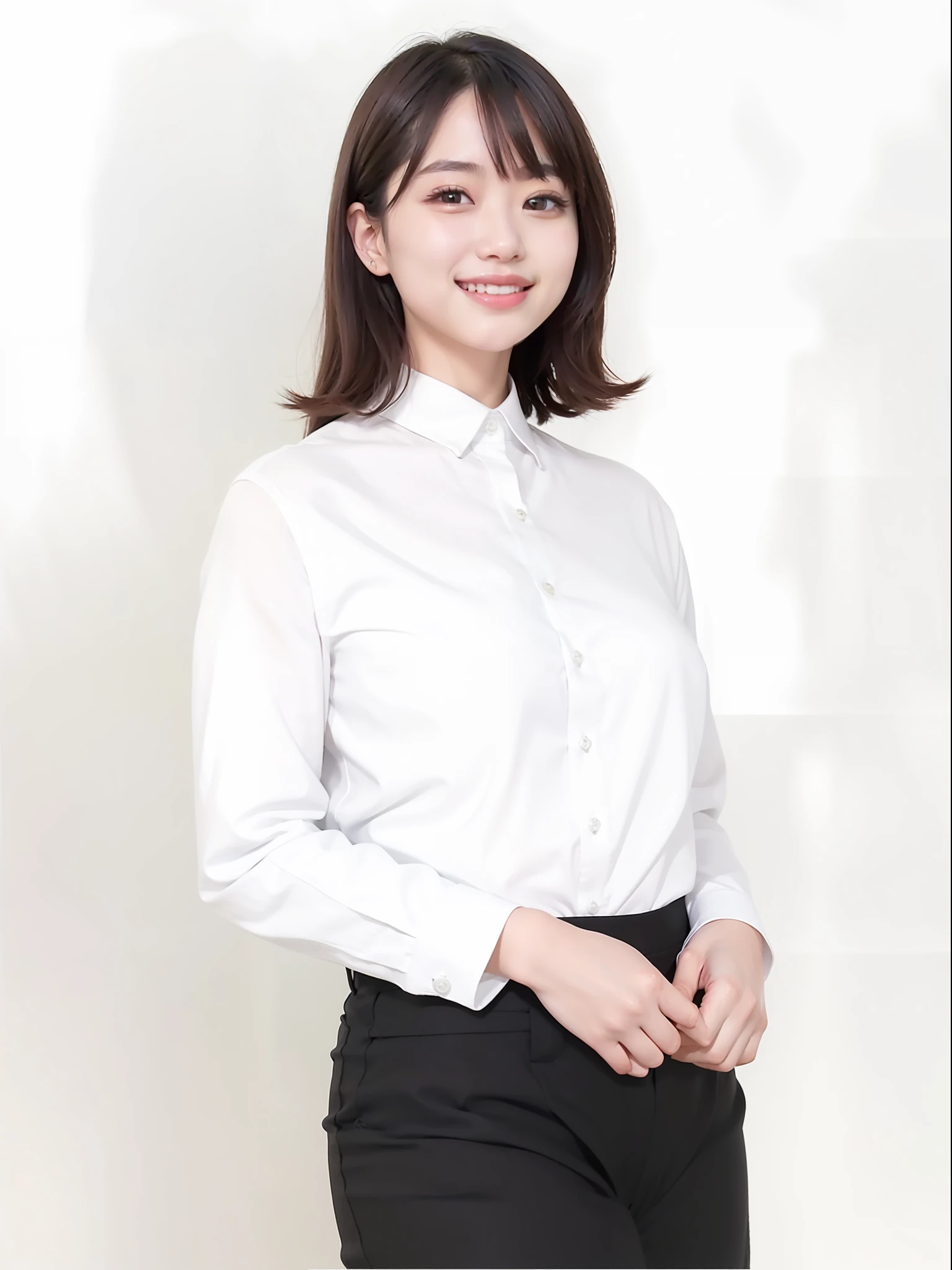 top-quality、​masterpiece、plump bust、Plump hips、nature backdrop、Shiny white shirt、A slight smil、White teeth