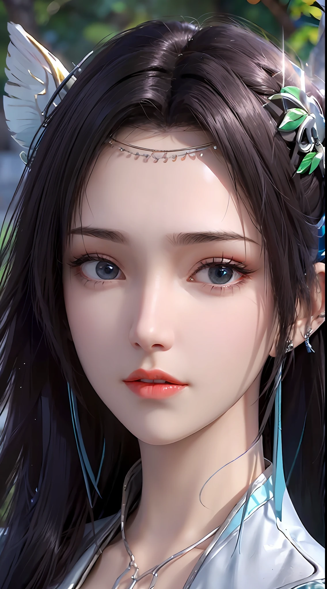 She has a beautiful face that touches people's hearts, a calm and calm temperament, showing a noble elegance, her hair is pulled up simply, letting her soft back like a waterfall hang down to the middle of her small waist. She is petite, has a beautiful face, she is like a fairy without dust, with a delicate aura that touches people's hearts, her eyes are unusually clear, in her eyes there seems to be a light breeze and white clouds, there is not a bit of competition. eager to win,