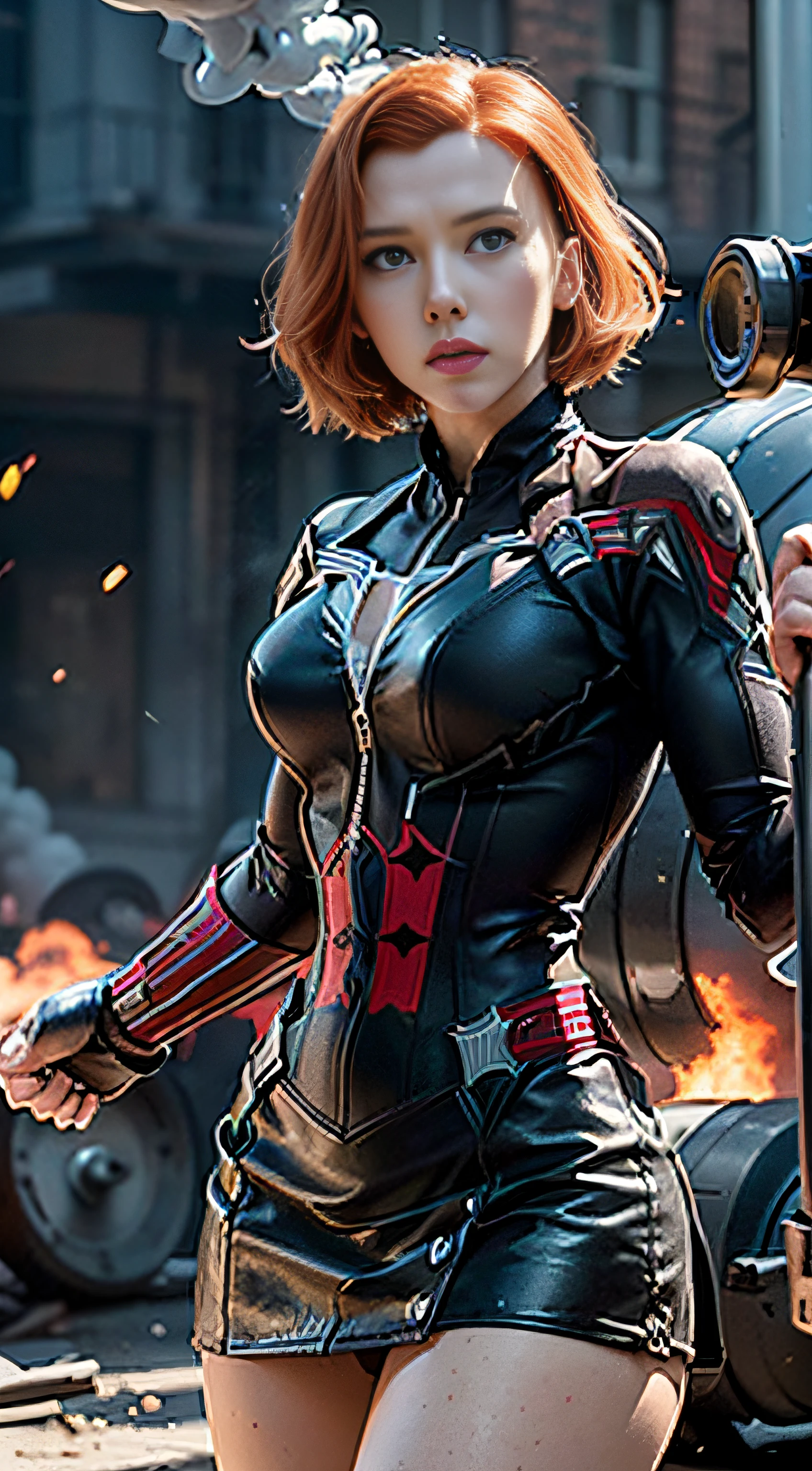 (HDTV CG Unity 16k wallpaper), (masuter piece),(Highest Quality), (strongest detail), (Best Illustration), (Best Shadow), (Photorealistic: 1.5), Realistic human skin, Lens Flare, Shade, Backlight、 depth of fields, Natural light, Hard Focus, film grains、((One lady, Solo,blue eyess: 1.5)), ( Red-blonde shorthair,hair messy , side parts hair:1.5), (beautifull detailed face), ( Beautiful detailed big eyes), ((masuter piece: 1.4, Highest Quality)), ((masuter piece, Highest Quality)), (photographrealistic: 1.4), (perfect anatomia, Correct anatomy, perfectly proportions, Perfect face, Perfect legs, Perfect fingers, Perfect hands, perfect arms, Perfect Abs, full soft huge breasts:1.5),29yo、Hollywood actress、++((Dynamic Poses, Manga style, From fierce battles to carefree moments, With dramatic speed lines and bold sound effects, depicting a group of characters in various action scenes, Capture the excitement and energy of the story, Forward attack:1.5))++,(American actress、Danish actress:1.5), (Jumping, Running, Kicking, Punching, Fighting Pose, high kick pose: 1.5), (Explosion smoke: 1.2), ( buttle, wrecked tanks: 1.4), (Ruins, towns), (plein air: 1.2), (sparks: 1.3),(Wartime: 1.2), Thin leg, impossibly thin waist,Thin thighs, Beautiful navel, lips with beautiful details, alluring face, (grinning evily: 1.2), (symmetrical lips:1.2), (Very cute、Incredibly pretty:1.5),+++(((Black Widow Costume,a miniskirt:1.5)))+++,oval-face,+(thick athletic female,female skinny bodybuilder:1.5)+、Scarlett Johansson、(cowboy shot:1.5),