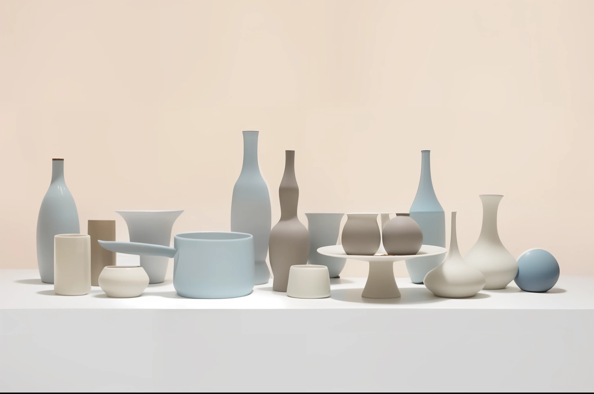 There are many different vases and bowls on the table, morandi, Inspired by George Morandi, porcelain organic, Contemporary ceramics, thin porcelain, porcelain, vases and bottles, Morandi color scheme, Morandi color palette, pastel', author：Friedel Zubas, Inspired by Friedel Zubas, ICIN《Ceramic art》magazine photoshoot, High- sharpness，High Picture Quality