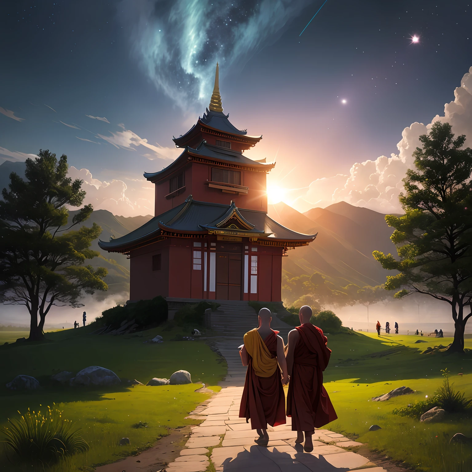 buddhist monks walking towards a pagoda in a field at sunset, rob rey and kentarõ miura, james gurney and andreas rocha, ross tran and michael whelan, makoto shinkai and tom bagshaw, digital painting of a pagoda, rob rey and kentaro miura style, artgem and beeple masterpiece