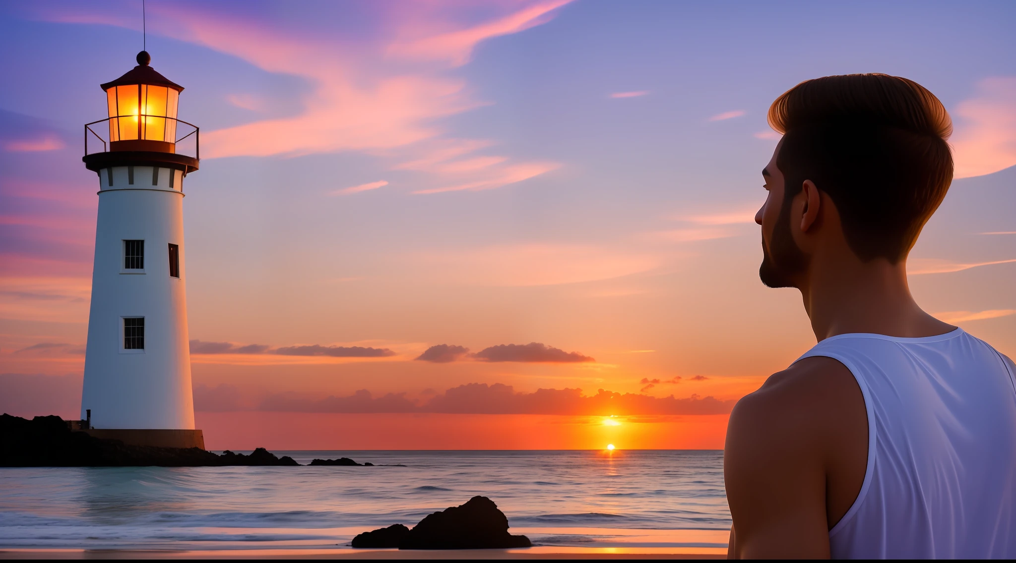 "Create a photorealistic and detail-rich image in digital art of a man enjoying the sunrise at the Itapuã Lighthouse, em Salvador, Bahia.
O homem deve estar de perfil, olhando para o horizonte, com o rosto iluminado pela suave luz dourada do nascer do sol. It should exhibit characteristic features of the region, como cabelo preto ondulado, pele morena, and a serene, introspective expression. Ele deve estar vestido casualmente, de forma adequada para o clima tropical de Salvador.
The scene should capture the Itapuã Lighthouse in the background, with its iconic red and white structure standing out against the rosy dawn sky. The projected details of the headlamp must be carefully rendered for image verification.
The foreground of the image should include the beach of Itapuã, com suas areias brancas e altas palmeiras, proporcionando uma atmosfera tropical vibrante. It includes some seagulls flying over the beach to bring an element of movement to the scene.
O oceano deve ser retratado em tons de azul e verde, com ondas suaves quebrando na costa. The reflection of the rising sun on the water should create a luminous path that leads the viewer's gaze to the horizon.
Lastly, but no less important, Heaven must be a work of art in itself. Desenhe um nascer do sol espetacular, with rays of golden light piercing the pink and lilac sky, clouds and sparse ones that look like they are made of cotton candy.
Por favor, Bring your own creative interpretation to the scene, adding unique touches that elevate the image beyond the initial request."