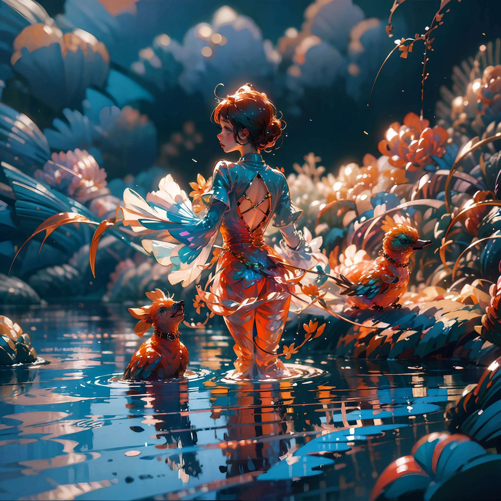Cartoon girl with dog and duck in the pond, concept-art:Hero, Pisif, Process art, lovely art style, hand painted cartoon art style, 2 d illustration, 2D illustration, cute artwork, cute illustration, 2d matte illustration, in a pond, material is!!! water melon!!!, arte de fundo, A beautiful artwork illustration, 2d digital illustration