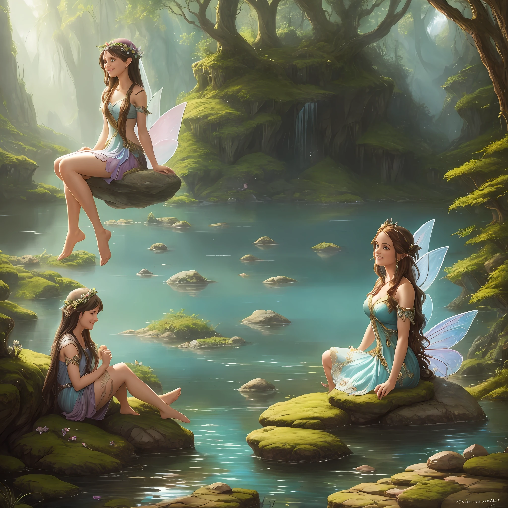 painting of a fairy sitting on a rock in a lake, smiling, by Cynthia Sheppard, portrait of fairy, beautiful fantasy art, queen of the fairies, breathtaking fantasy art, fairy dancing, portrait of a fairy, beautiful fantasy painting, fairytale artwork, faerie, realistic fantasy illustration, fairy, Tyler edlin fantasy art, very beautiful fantasy art, beautiful fairy --auto