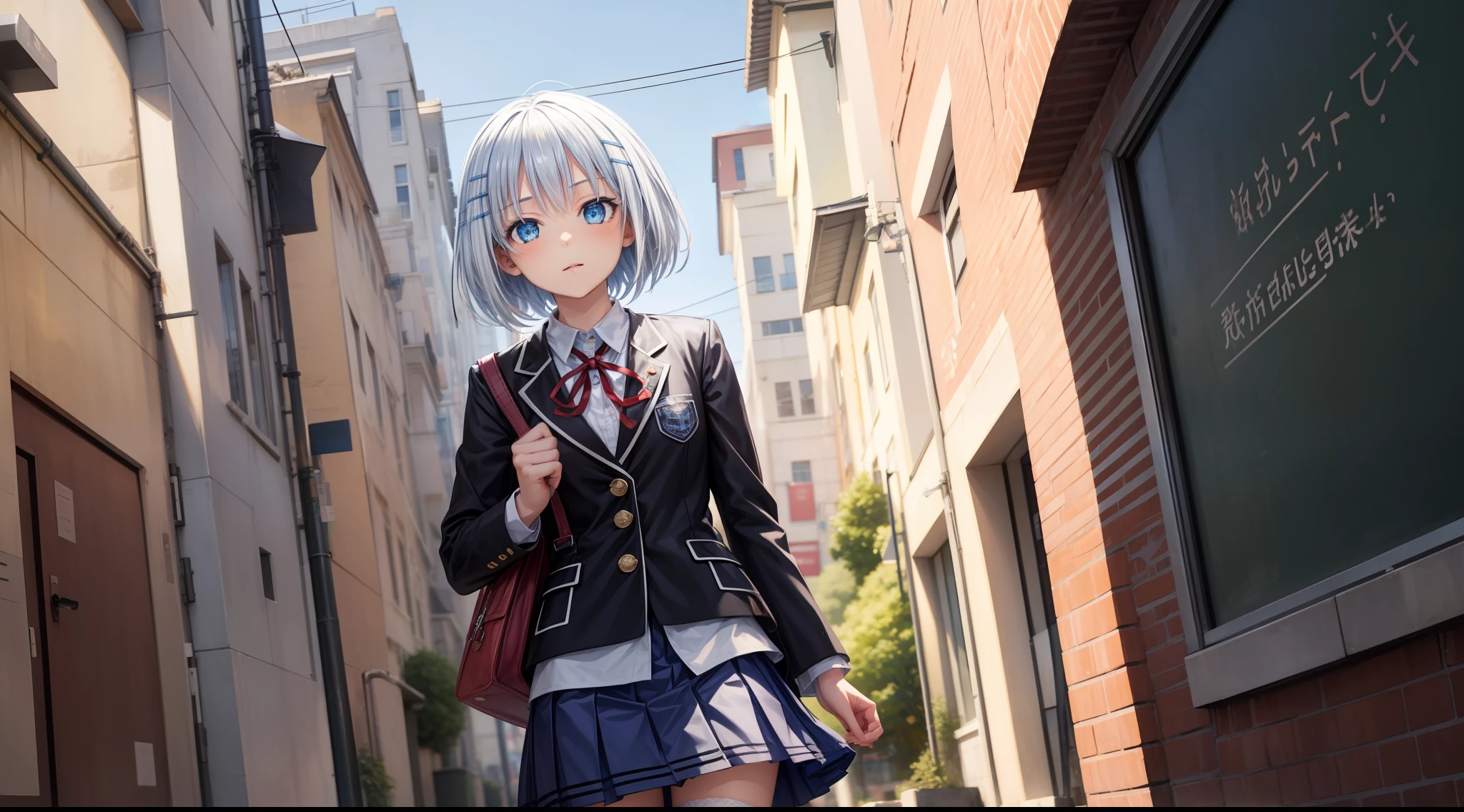 1girl, bag, blue_eyes, hair_ornament, hairclip, jacket, kneehighs, looking_at_viewer, neck_ribbon, pleated_skirt, red_ribbon, ribbon, school_bag, school_briefcase, school_uniform, short_hair, skirt, socks, solo, white_legwear