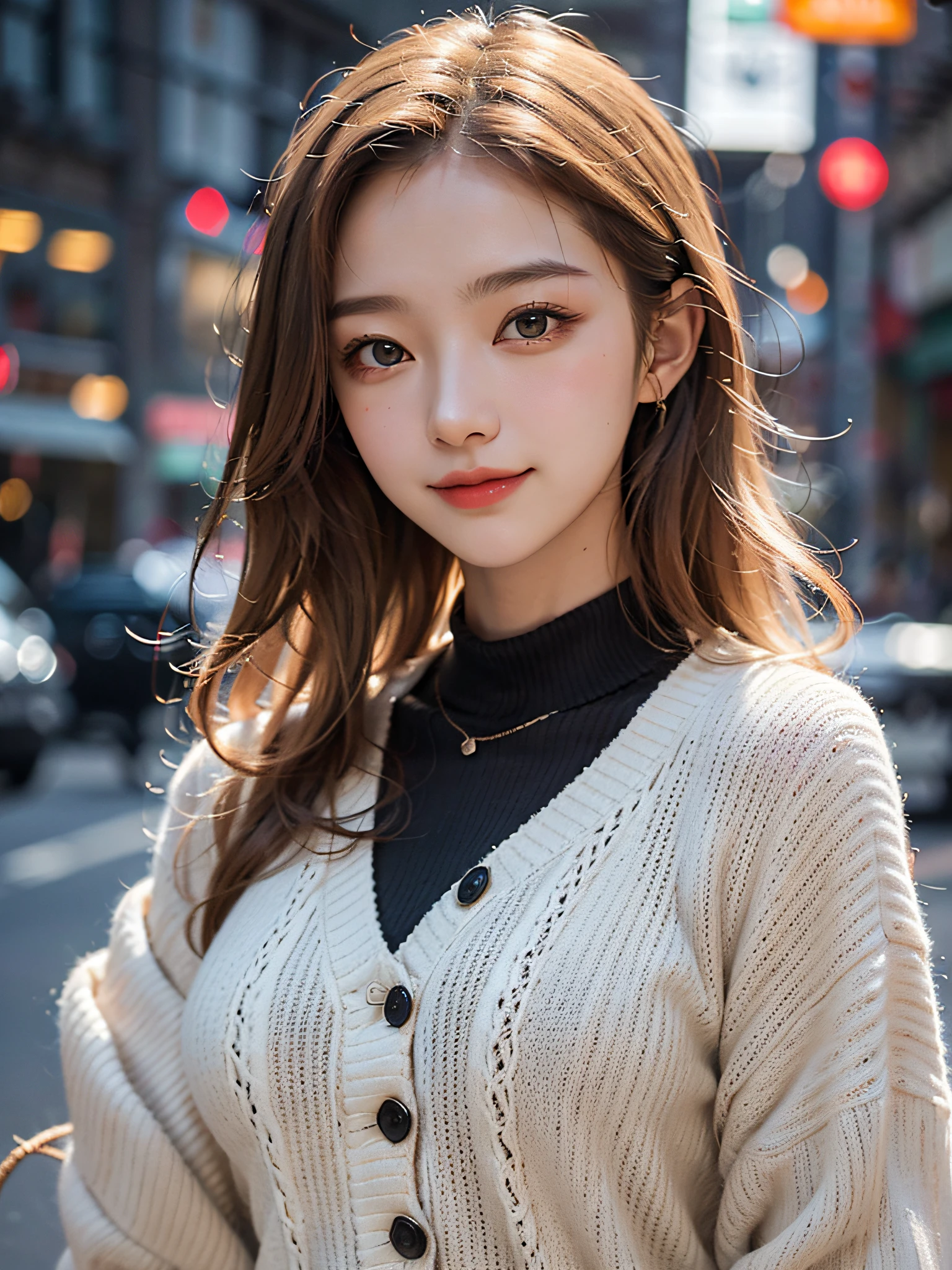 top-quality、超A high resolution、（8K、Raw photo、Photorealsitic:1.4）、de pele branca、Real Human Skin、（Detailed eyes）、oval-face、One woman as beautiful as a goddess、Slimed、（Gentle, Goddess-like smile:1.3）、(Happiness:1.2)、(lipgloss、Lashes、Gloss Face)、beautiful blond hair、cardigan、Fashion Shirts、Cityscape、Wide range of lighting、Natural Shading