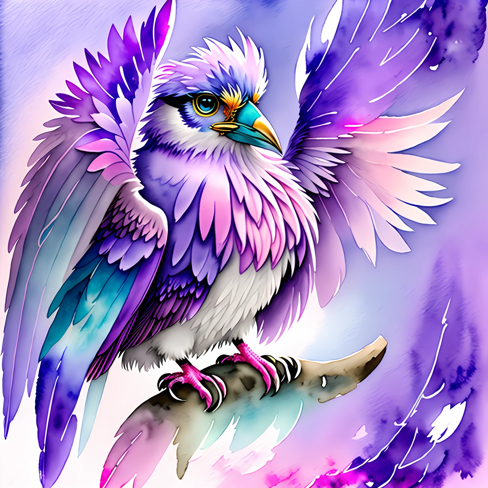 Aurulun Fledgling Gryphon, dusky blue feathers intermixed with rosy pink, pink wings that fade to purple, pink tail feathers that fade into purple, purple feathered crest, masterpiece, best quality, (in watercolor painting style)
