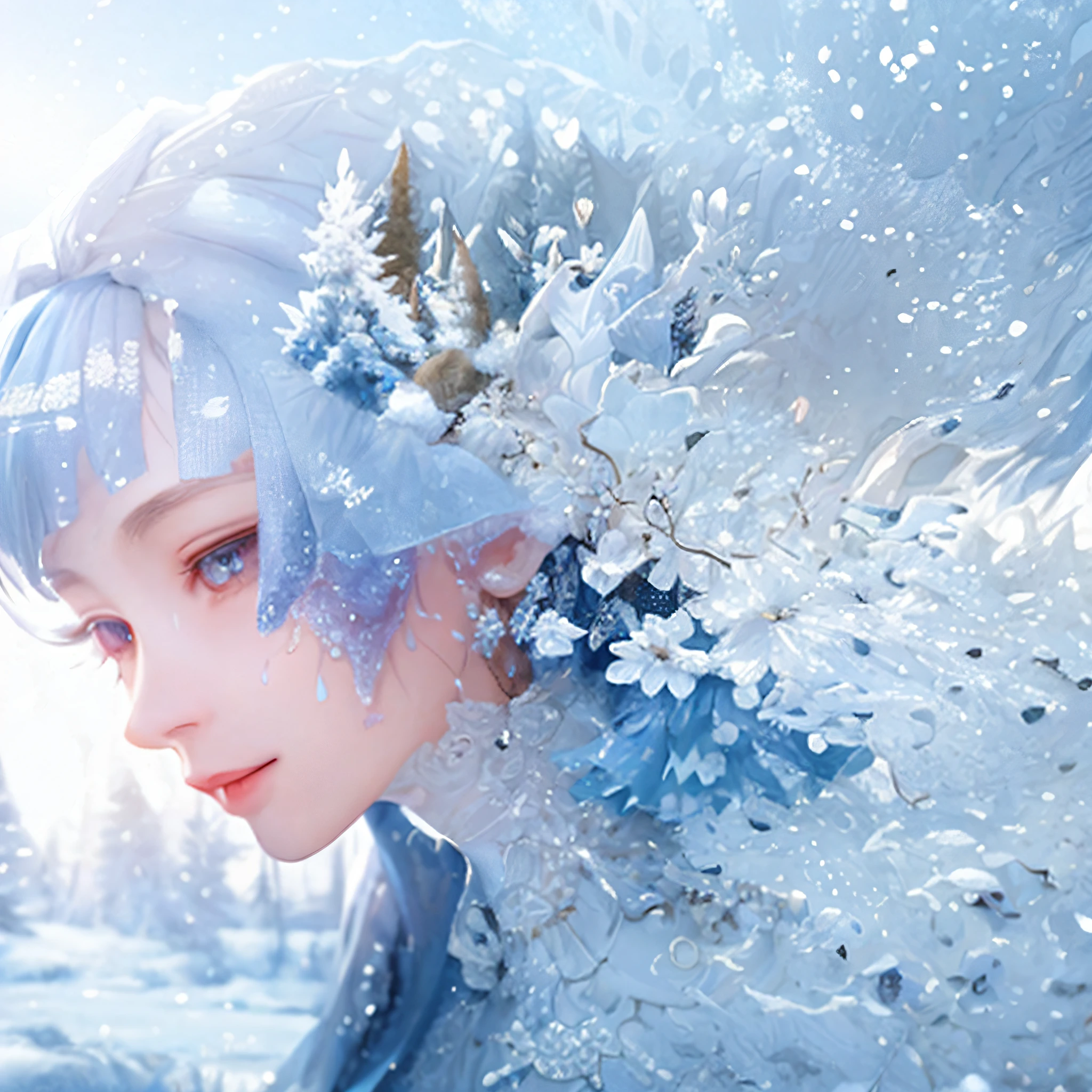 Anime girl with blue hair and white flowers in snow, Beautiful digital artwork, 4k highly detailed digital art, trending on cgstation, goddess of winter, with frozen flowers around her, beautiful digital art, Very Beautiful Digital Art, Winter queen, 3D CG, 3 D CG, Arte conceitual de inverno, cold snowy, gorgeous digital art, beautiful gorgeous digital art