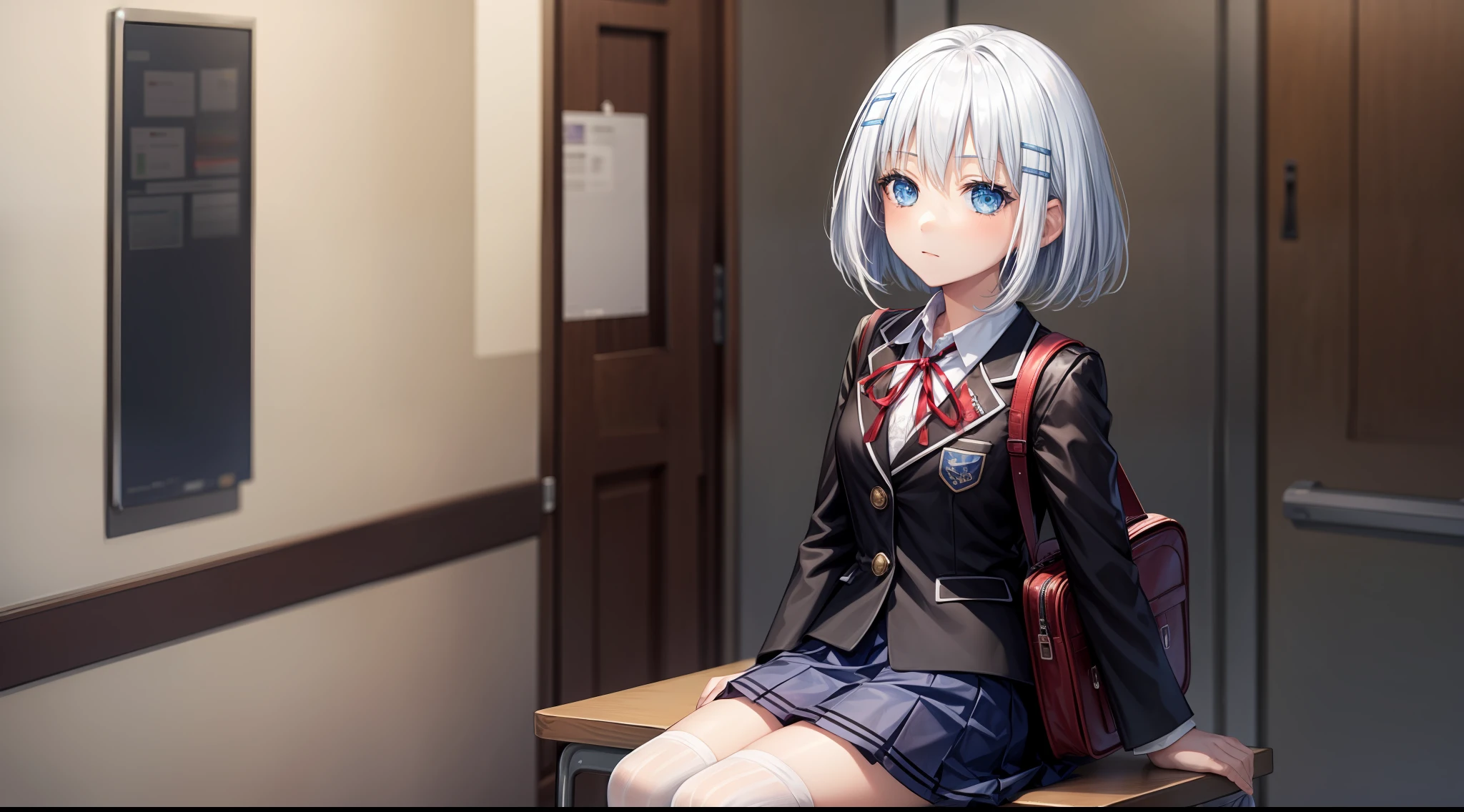 1girl, bag, blue_eyes, hair_ornament, hairclip, jacket, kneehighs, looking_at_viewer, neck_ribbon, pleated_skirt, red_ribbon, ribbon, school_bag, school_briefcase, school_uniform, short_hair, skirt, socks, solo, white_legwear