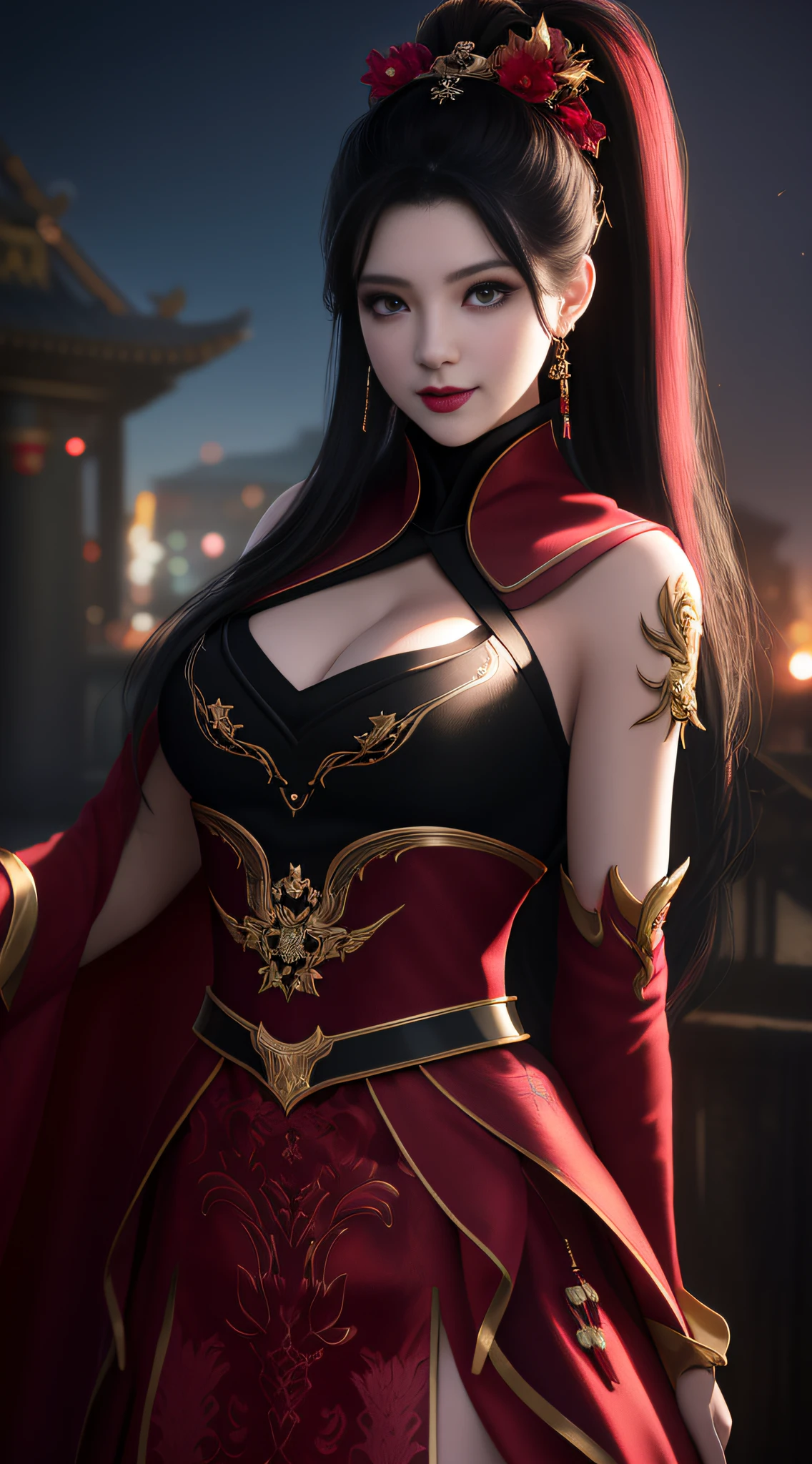 best quality, masterpiece, highres, 1girl, hanfu, white and even teeth, chinese underwear, hair ornaments, necklace, jewelry, crown jewelry. Pretty face, upper body, magic import style, tyndall effect, photorealistic, dark studio, border light, two tone light, (high detail skin: 1.2), 8k uhd, dslr, soft light, high quality, volumetric light, candid, Photo, high resolution, 4k, 8k, Bokeh, (light pink lips), 1 beautiful demon from hell, In the Dark: 1.6), surreal female portraits by David Hockney and Alphonse Mucha, fantasy art, photorealism, dynamic lighting, station art, posters, volumetric lighting, highly detailed faces, super 8k, Awarded, in the dark, deep shadow, low light, cowboy lens, (Red phoenix dress: 1.4), long hair, black hair, bust, palace luxury, Royal style, crown devil, red eyes with very sharp and detailed makeup, Best face, Very big and round and round breasts, Surreal, chinese women's clothes, turtleneck polo shirt, charming smile, Beautiful eyes makeup, guweiz, devil style, black mesh stockings, ponytail with a bow at the back, dark red lips, Devil tattoo on shoulder, wearing a thin red and black shirt , cape, overcast and thundering landscape, (Portrait), Protagonist Close-up, (Background detail 1.8),