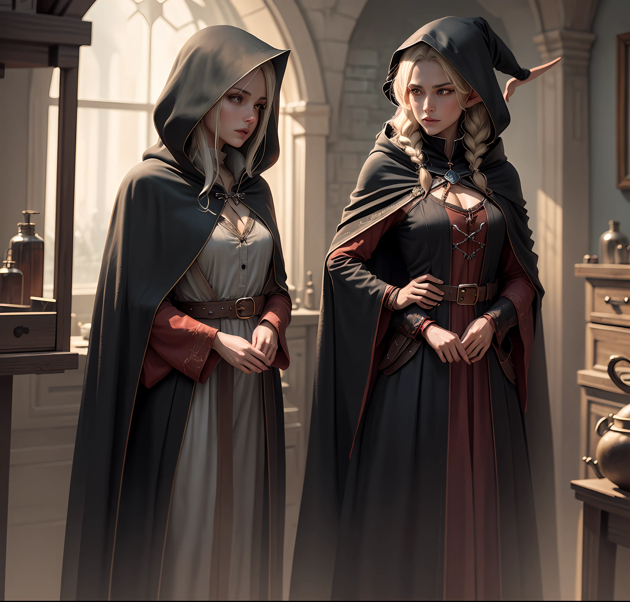 A Western Fantasy Elf Woman，Wearing a pitch-black cloak，In a gloomy room，was an alchemist