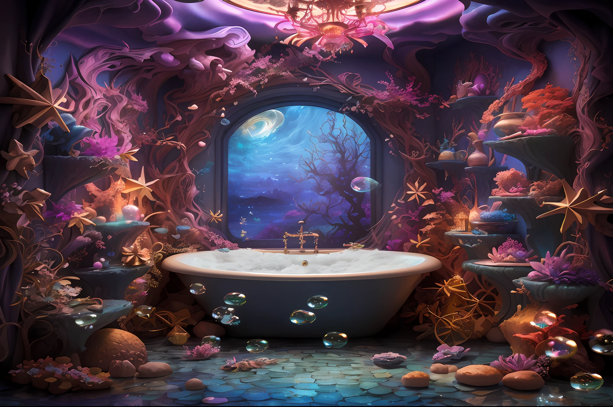 There is a bubble tub in a bathroom with window, beautiful detailed fantasy, Fantasy seascape, Paisaje submarino burbujeante, magic fantasy highly detailed, Fondo de estilo cuento de hadas, Hermoso render de un cuento de hadas, Stuning Fantasy 3D render, Magic Kingdom of the Little Mermaid, Terrifying magic background, 3d magical details, whimsical fantasy landscape art, realistic fantasy illustration, magical fairy background