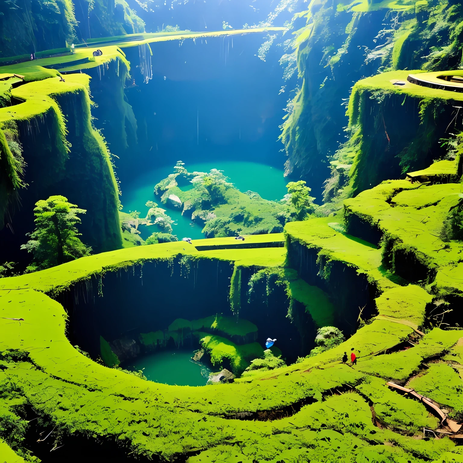 (blue-sky+baiyun:1.2+rays of sunshine:0.9),High drop(100 meters of wonderful sinkhole),flying birds, water flowing,mossy,Greenery. --auto