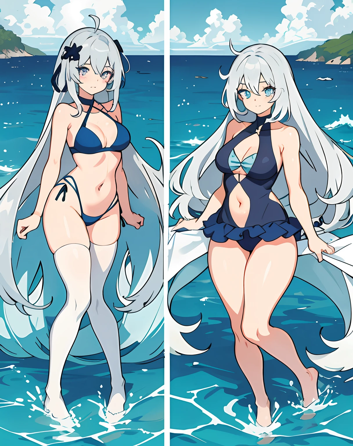 "Two-dimensional anime style，The sea soaked the swimsuit，show skin，Gray hair is smooth as silk，Dark blue pupils，Pair it with white stockings，Intoxicating beauty，Cute and mature，With a shy face，The figure is good