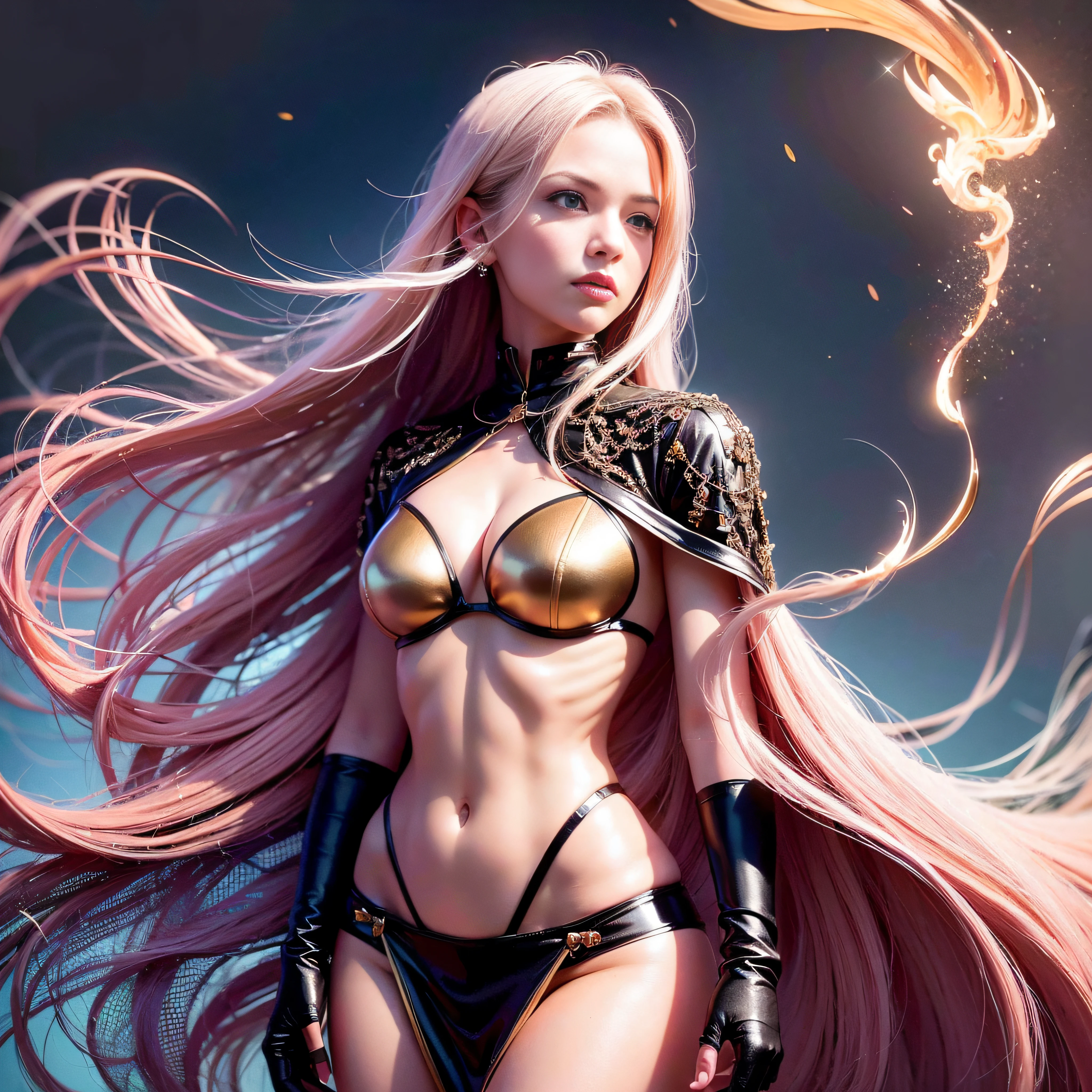 Flames surrounded the girl, blue color eyes, very long flowing red hair, busty figure, Black rose gold trimmed sexy dress, War-torn hellish backdrop, The white cloak of the goddess of victory, Holy light, god light, back lit lighting, Fuji colors, Striped hair, Cinematic lighting, Sony FE GM, futurism, conceptual art, Best quality, 8K
