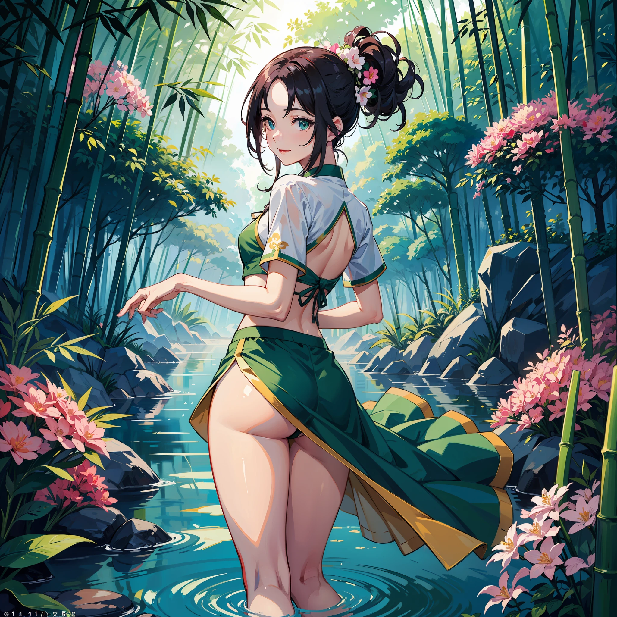 1 girl, top quality, Dragon Boat Festival girl, green skirt girl, zongzi, wearing green clothes in the water, showing her thighs, illustration, Dragon Boat Festival, painting of a girl in Hanfu, a boat near the bamboo forest, (bamboo forest: 1.21), (in the green bamboo forest: 1.12 ), river, flowers, spring green, bright background, blank top of frame, no blur, silhouette (panorama: 0.5), depth of field, anime, 2d, extremely beautiful and delicate anime face and eyes, calm expression, charming eyes , poised pose, high heels, shut up, white skirt, smiling, leaning against the wall, back against the wall, pink flowers and green leaves, (with bare long legs: 1.21), pink flowers on the wall, looking at the viewer, small eyes , black eyes, forehead, black hair,