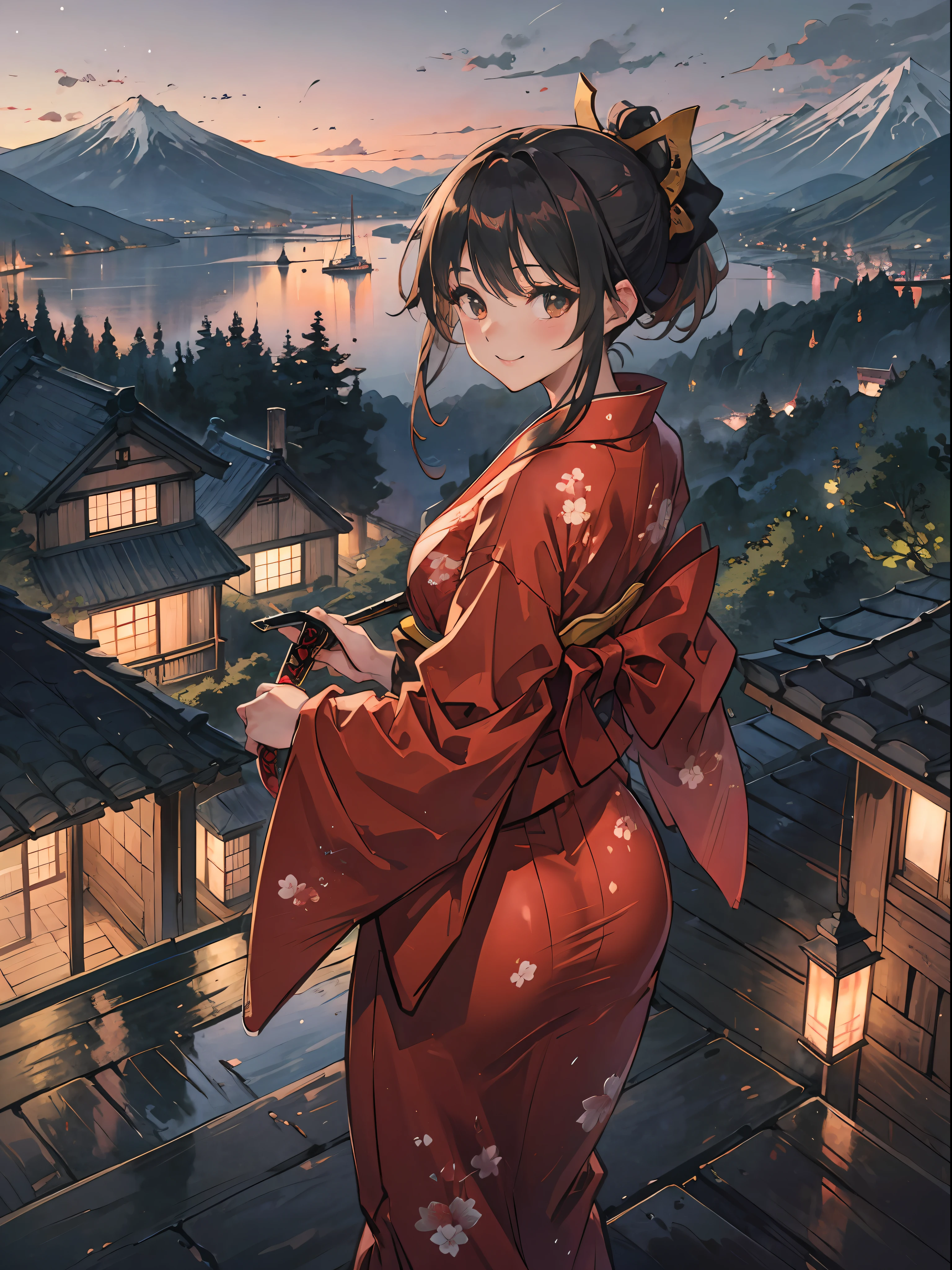masterpiece、ultra-quality、The ultra-detailliert、Perfect drawing、Hi-Res、独奏、a beauty girl、Japan attire、ample breasts 、Back Appearance、cute face、loli big ass、looking back with a cute smile、3 Size B95W60H90 、Beautiful Girl, Samurai,in yukata,Black Ponytail, Hair tied up with a large red ribbon, Equipped with two Japan swords,blush (0.2), night view, coolness, scenic,elegance, beautiful background, accurate drawing, detailed drawing