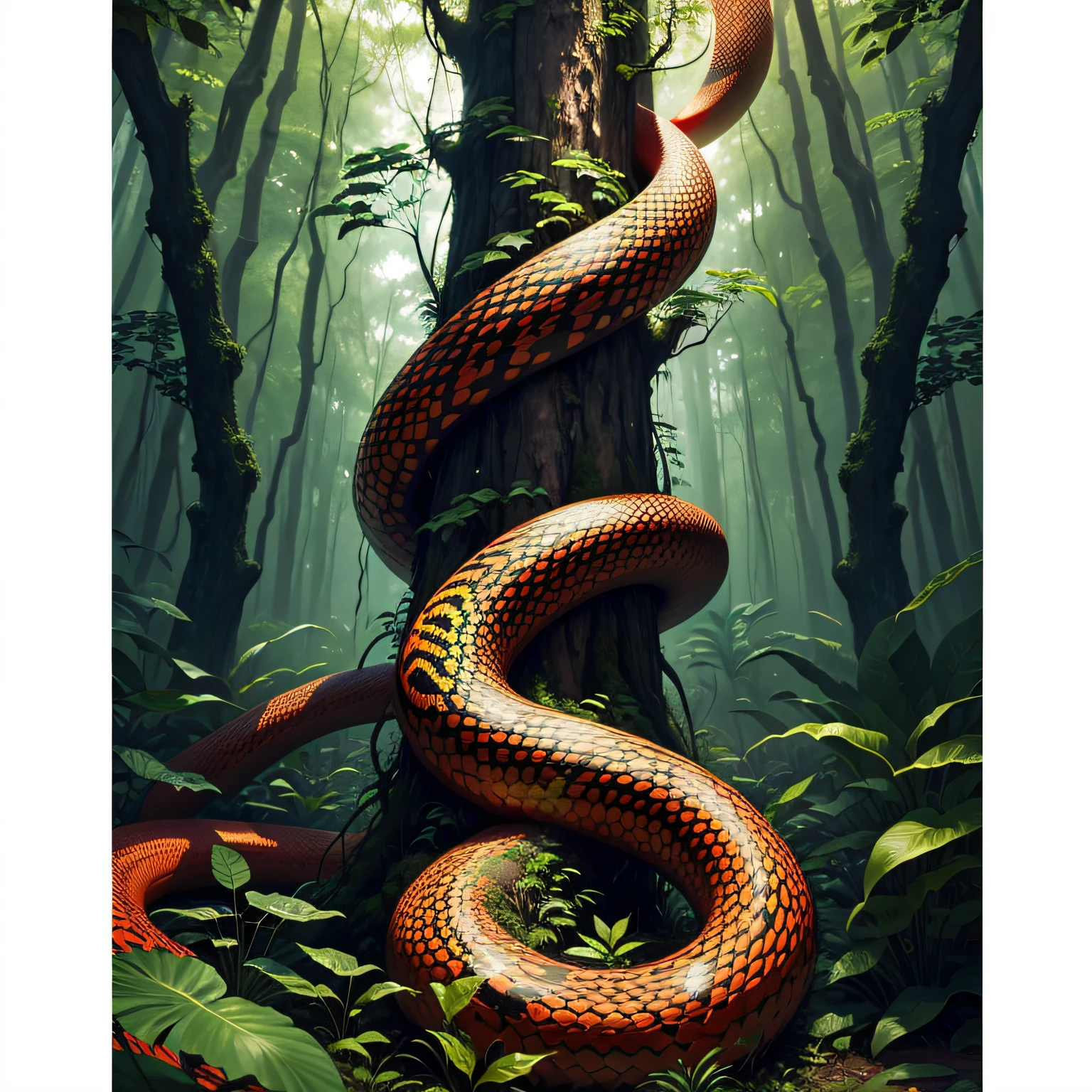 tropical forest, There are red and black snakes, high qulity, quadratic element, Dark green tree, There are ancient yellowed walls covered with totem, mystical forest, high quality background, UHD, best quality, high quality --auto