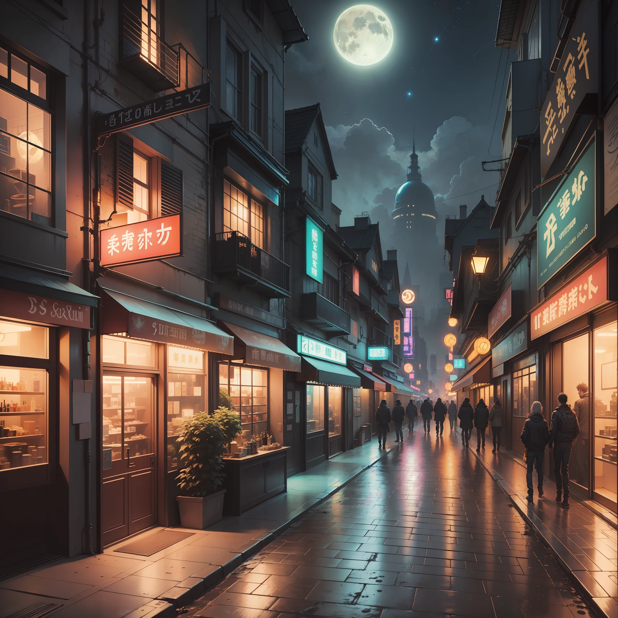 (stable diffusion),Urban nightclubs,Exudes a cyberpunk vibe,The moon glows faintly,Creates a fantastic atmosphere,Depicts a Van Gogh-esque scene。ao mesmo tempo,It seems to be mixed with Miyazaki's style,It creates a wonderful atmosphere。