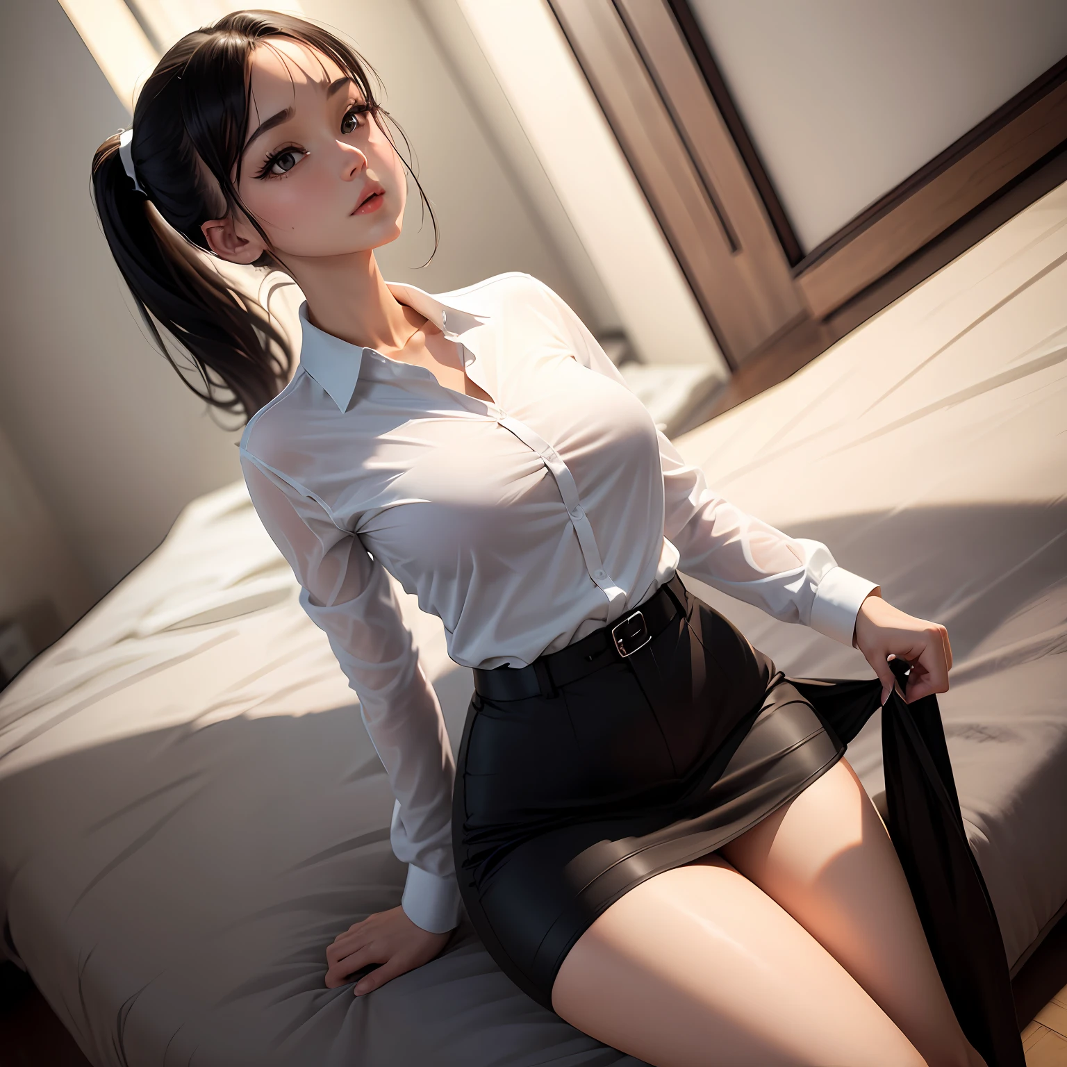 Black stockings ponytail white shirt cute --auto