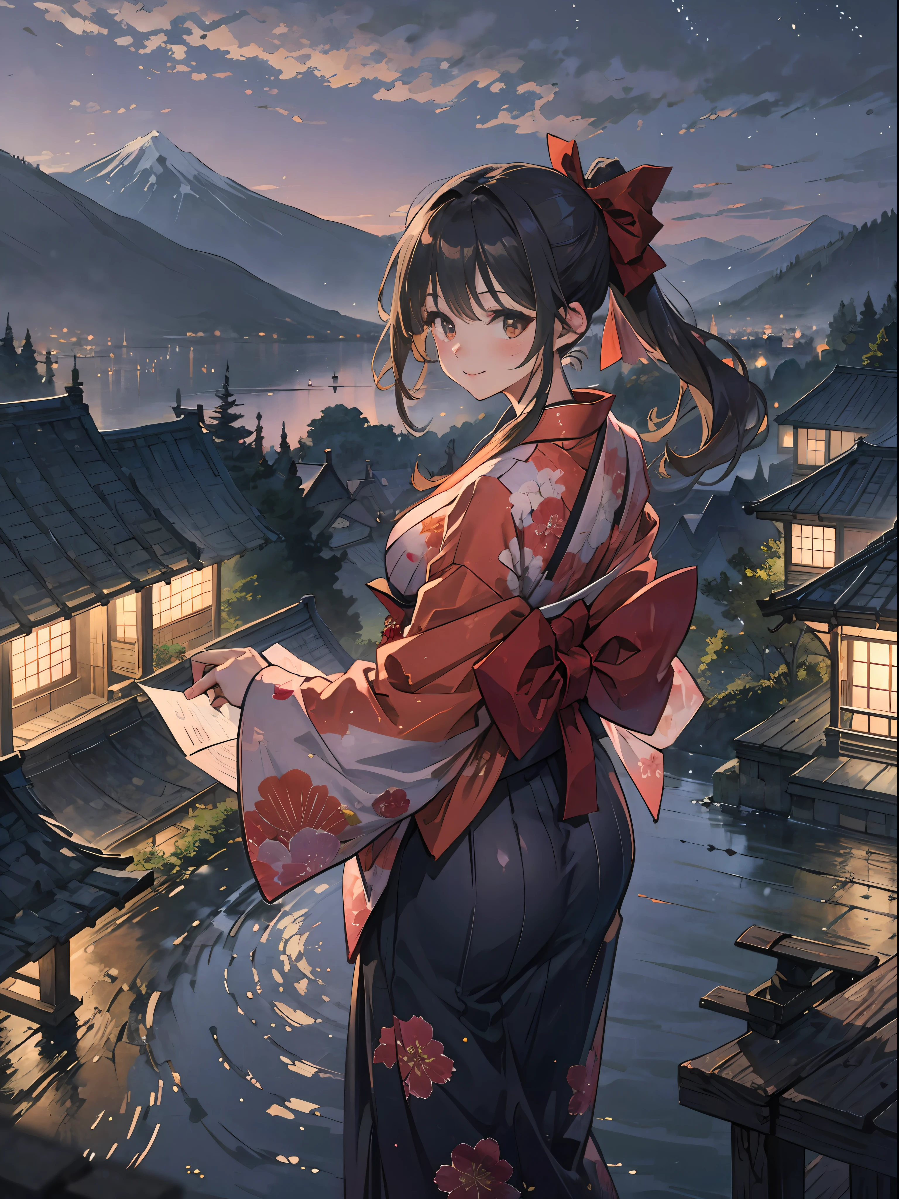 ​masterpiece、ultra-quality、The ultra-detailliert、Perfect drawing、Hi-Res、独奏、a beauty girl、Japan attire、ample breasts 、Back Appearance、cute  face、loli big ass、looking back with a cute smile、3 Size B95W60H90 、Beautiful Girl, Samurai,in yukata,Black Ponytail, Hair tied up with a large red ribbon, Equipped with two Japan swords,blush (0.2), night view, coolness, scenic,elegance, beautiful background, accurate drawing, detailed drawing