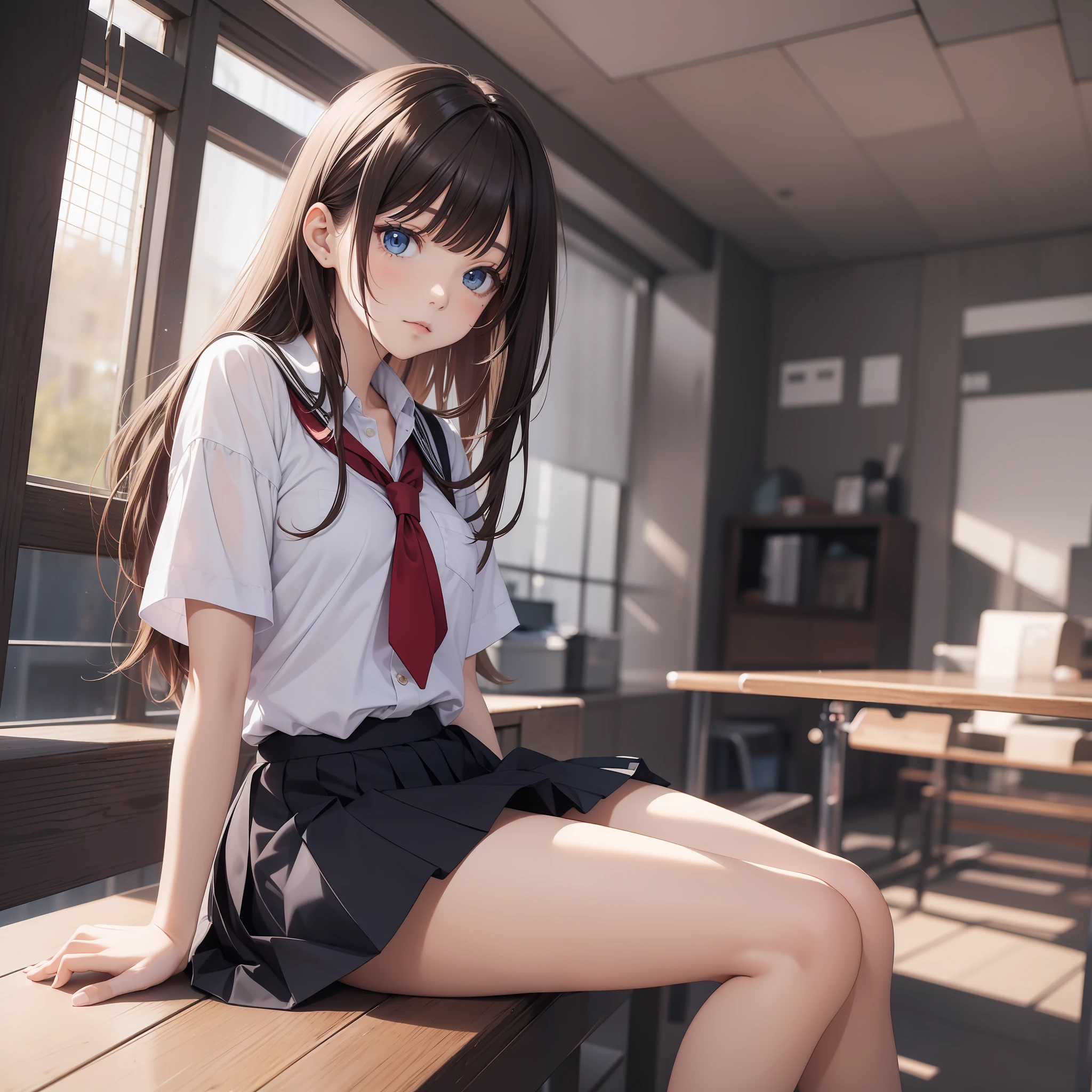brunette color hair，（tmasterpiece）），（best qualityer），legsupms，schoolgirls，long leges，white skinned，black short skirt，blue panties