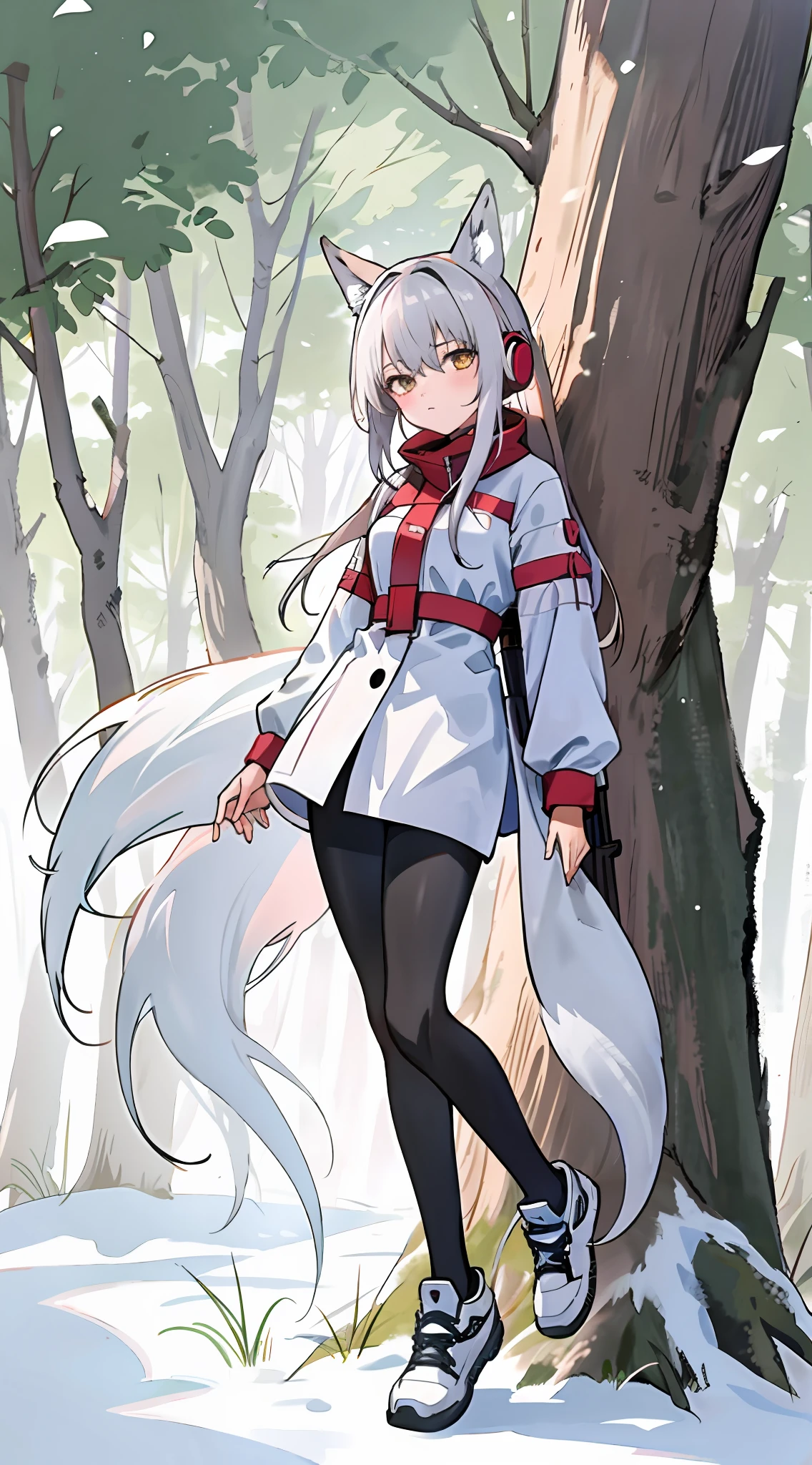 teens girl，sporty attire，Earphone，red fox，coda，whaite hair，blacksilk，ln the forest， White hair，White fox，White fox，Full body like，Dull hair，White coat，Nine tails，guns，8K，delicated，Great masterpiece，Very crumbs，fox tails，Ray traching，Exquisite scenes