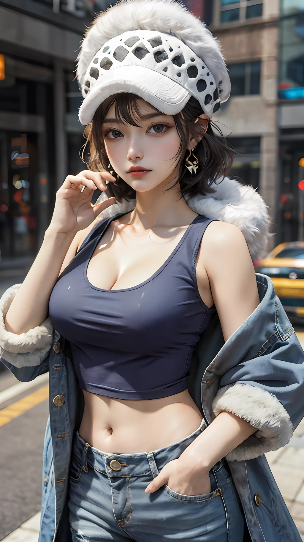 masterpiece,best quality,8k,highestres,absurdres, extremely detailed,
femlaw, solo, looking at viewer, short hair, large breasts, hat, navel, holding, cleavage, collarbone, earrings, midriff, pants,coat, fur trim, denim, jeans, fur-trimmed coat, coat on shoulders,  yellow tank top,///,